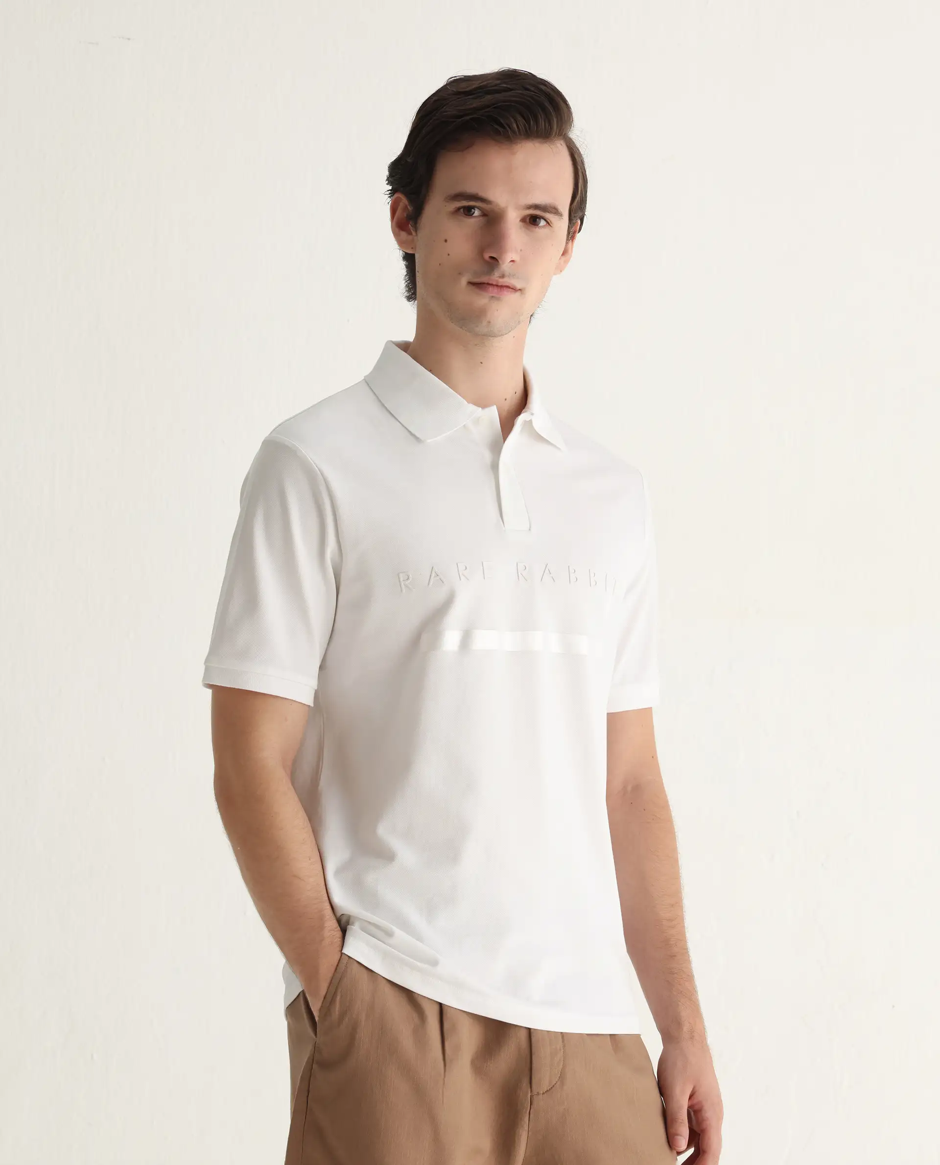 Rare Rabbit Men's Nellit White Cotton Plain Regular Fit Half Sleeve Polo - Image 7