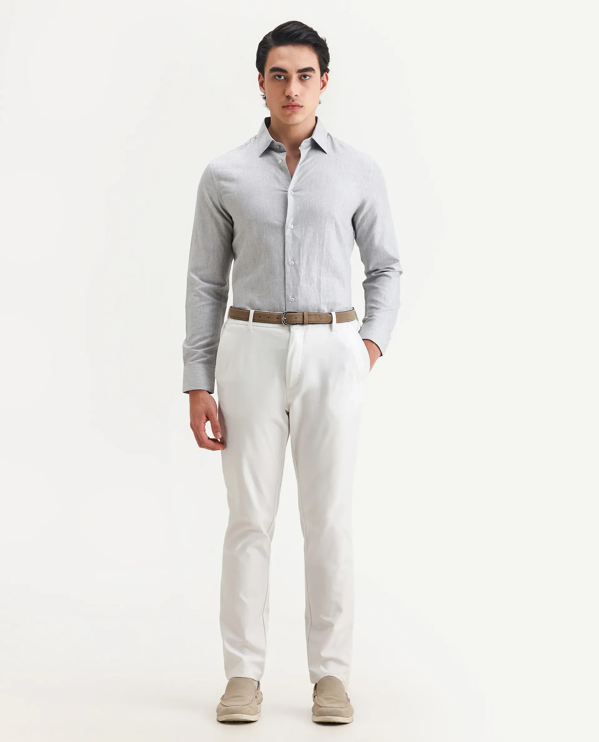 Rare Rabbit Men's Nellor Grey Cotton Plain Regular Fit Full Sleeve Collared Shirt - Image 2