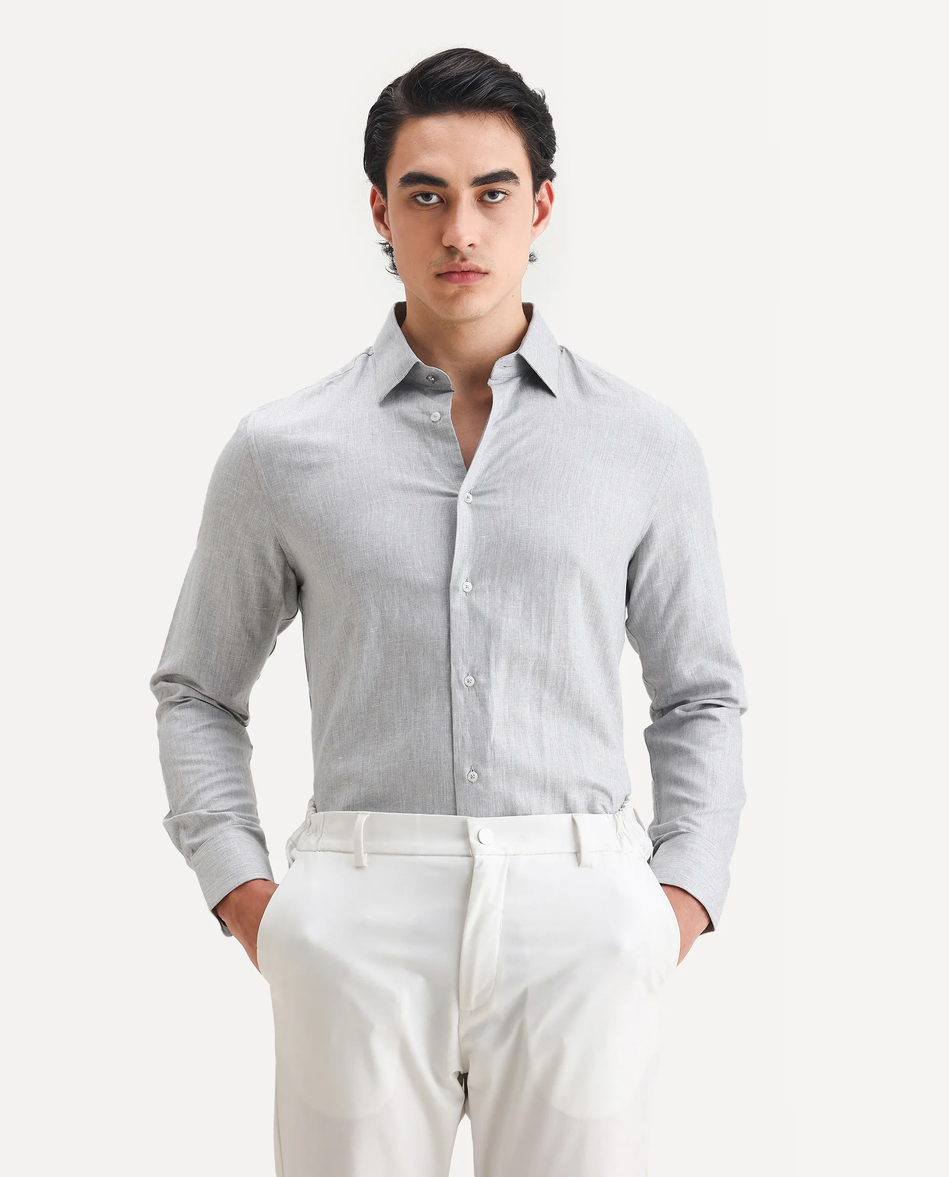 Rare Rabbit Men's Nellor Grey Cotton Plain Regular Fit Full Sleeve Collared Shirt - Image 4