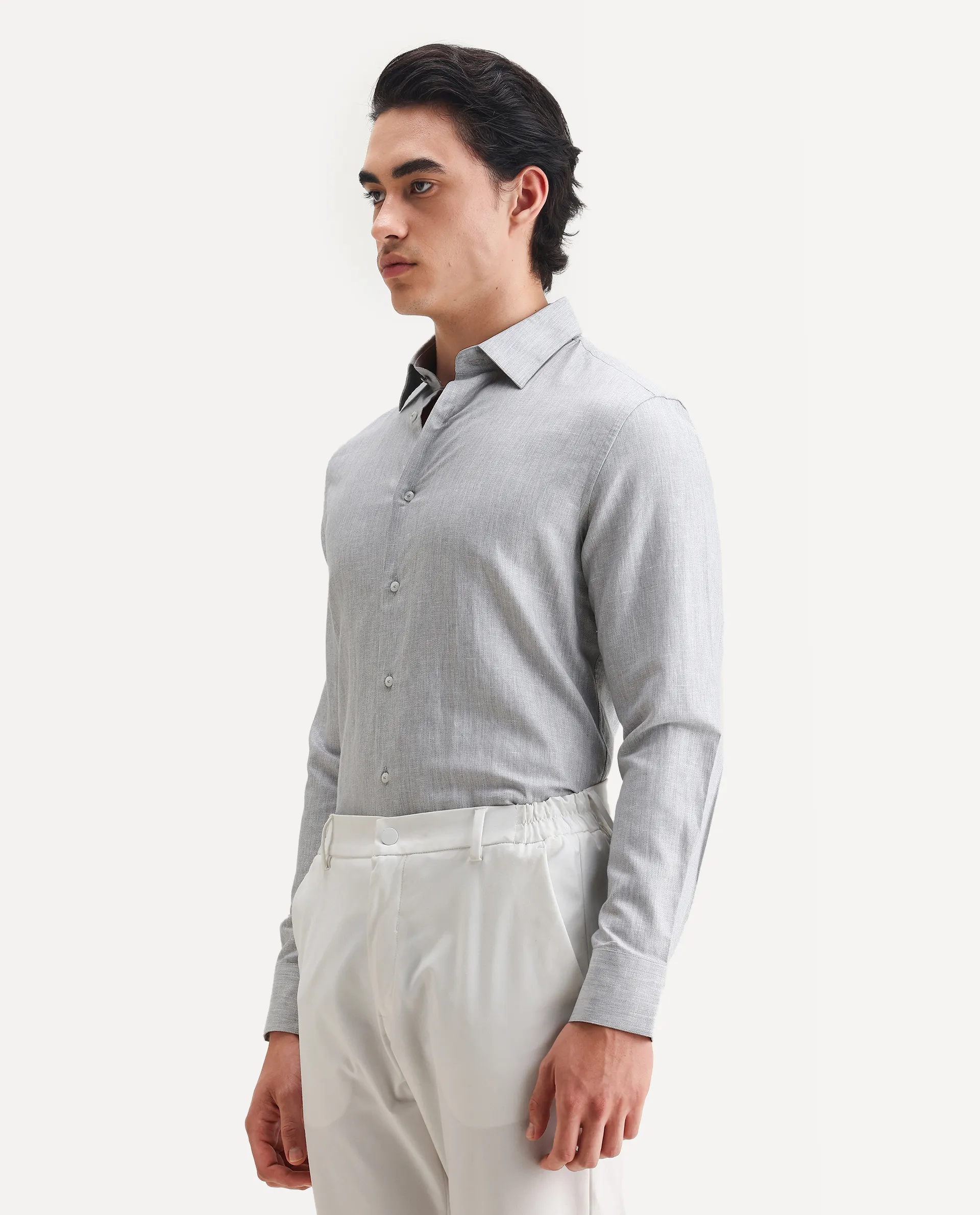 Rare Rabbit Men's Nellor Grey Cotton Plain Regular Fit Full Sleeve Collared Shirt - Image 5