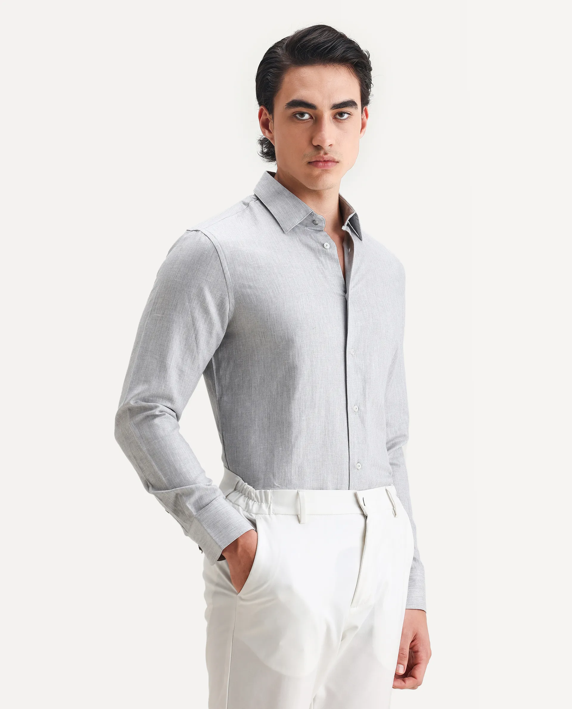 Rare Rabbit Men's Nellor Grey Cotton Plain Regular Fit Full Sleeve Collared Shirt - Image 6
