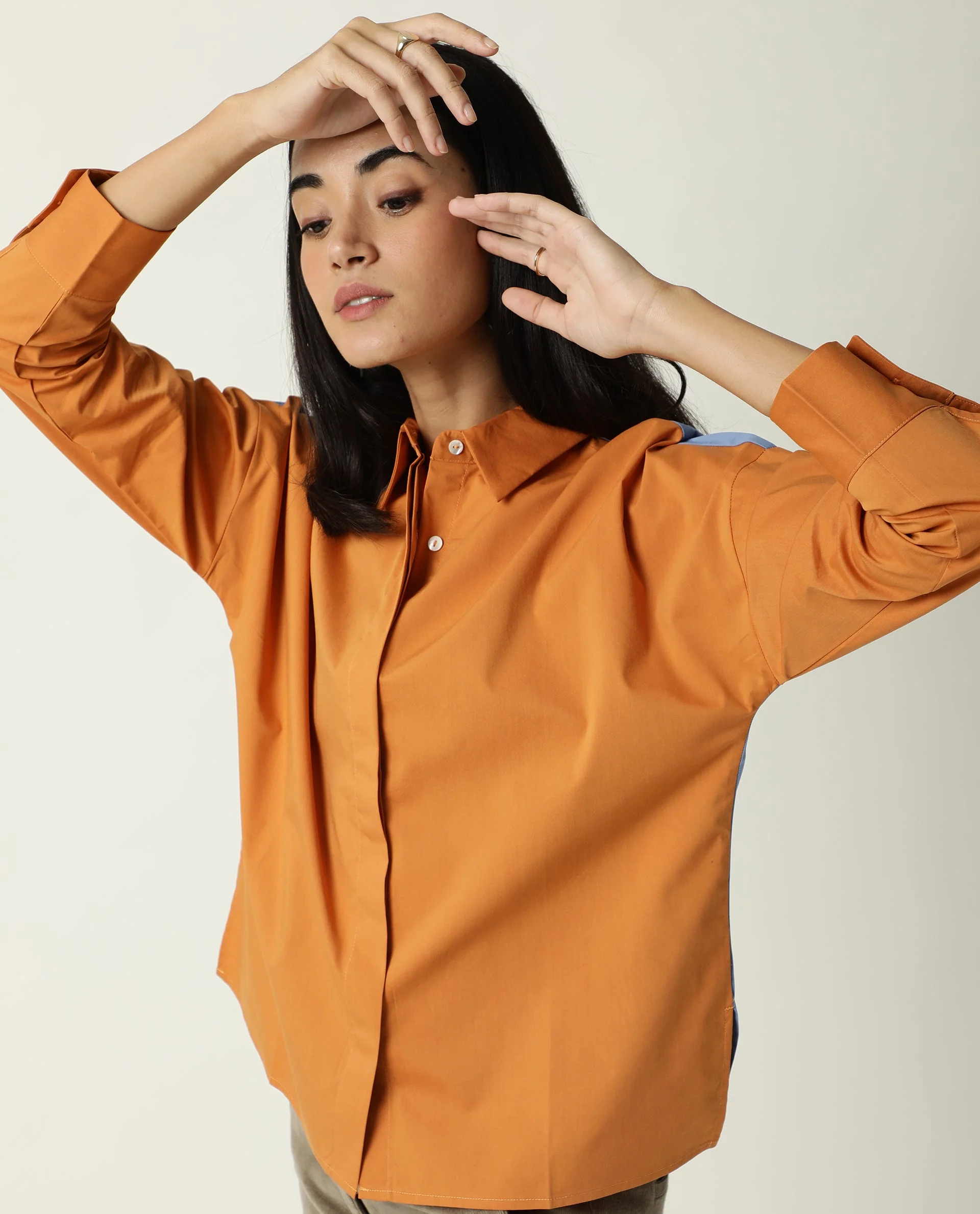 Rareism Women's Nellore Orange Spread Collar Plain Knee Length Regular Fit Top