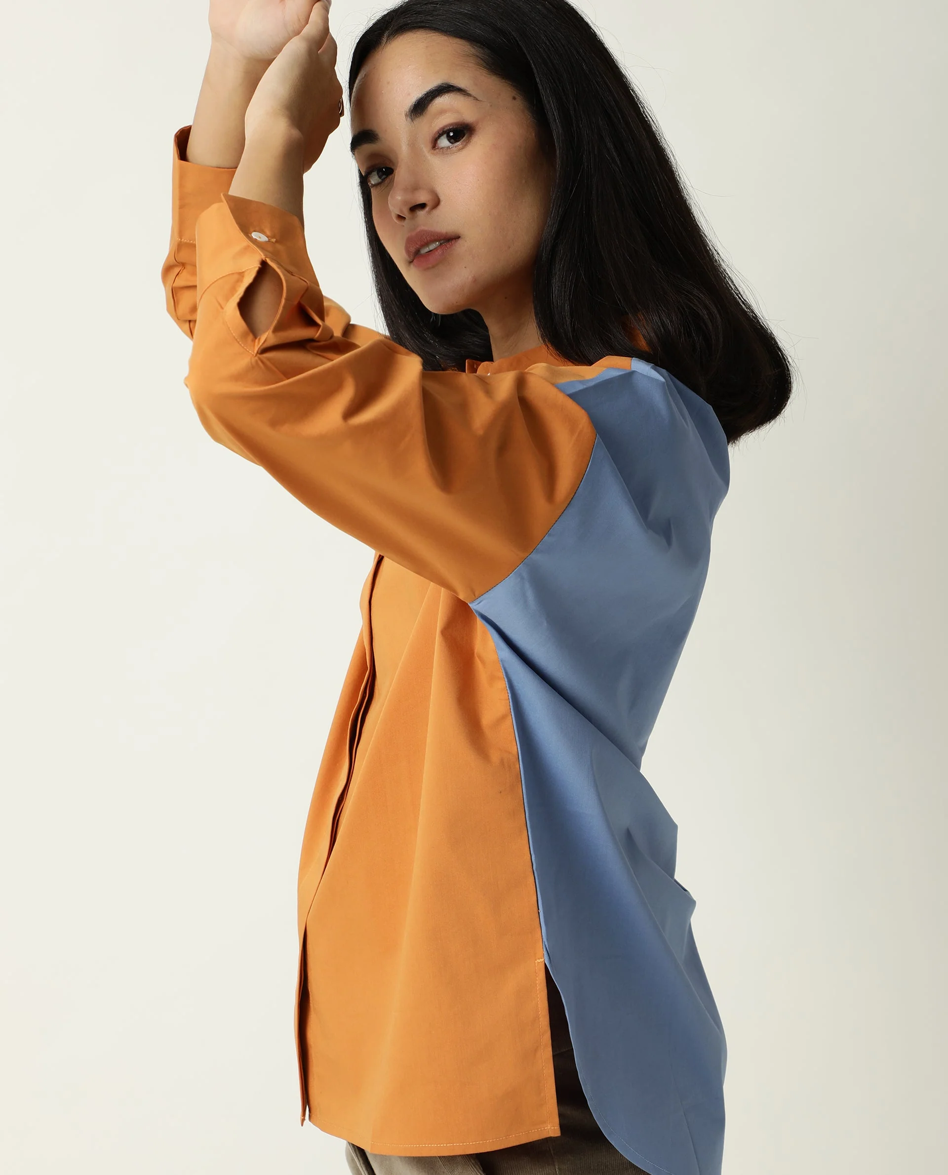 Rareism Women's Nellore Orange Spread Collar Plain Knee Length Regular Fit Top - Image 2