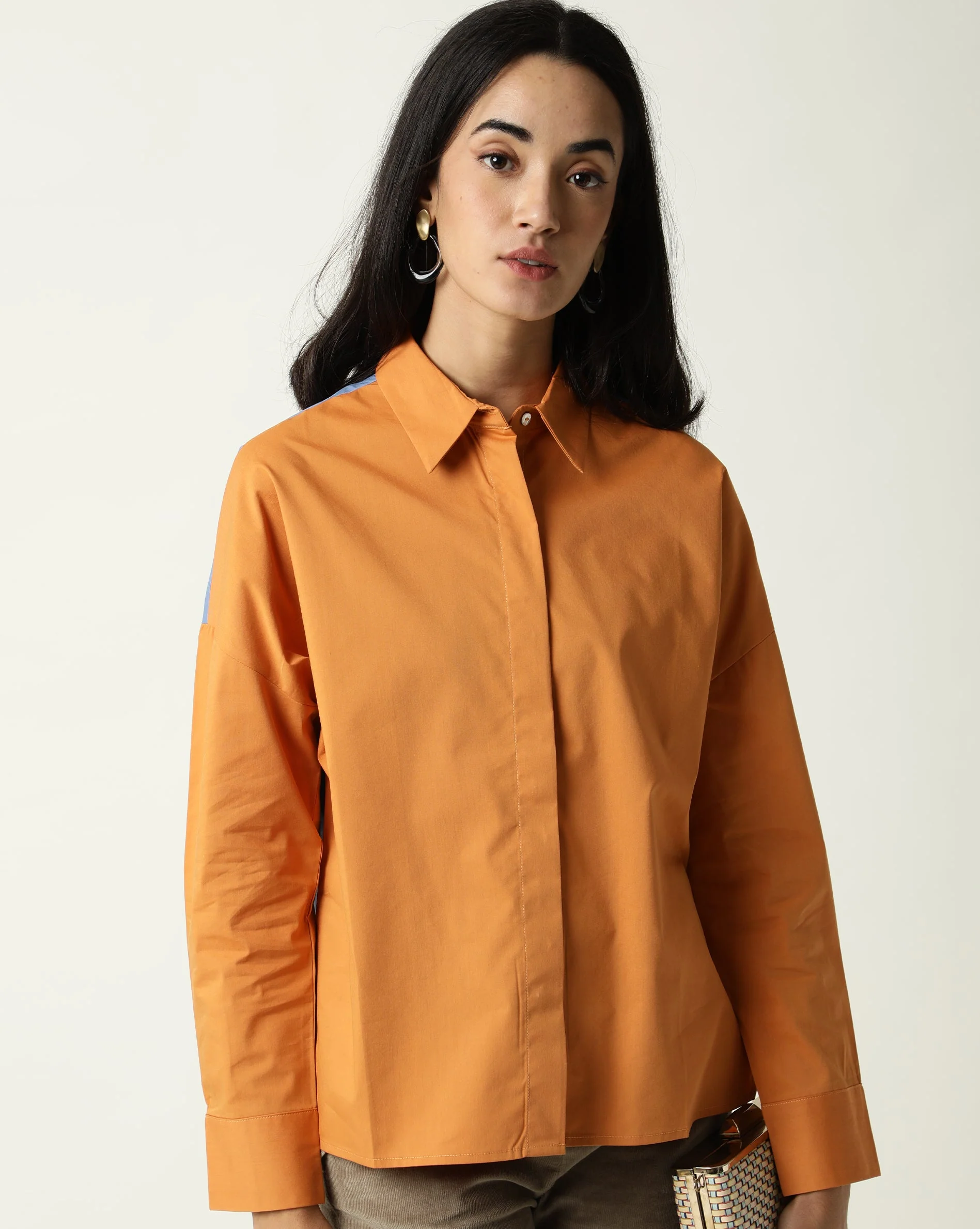Rareism Women's Nellore Orange Spread Collar Plain Knee Length Regular Fit Top - Image 4