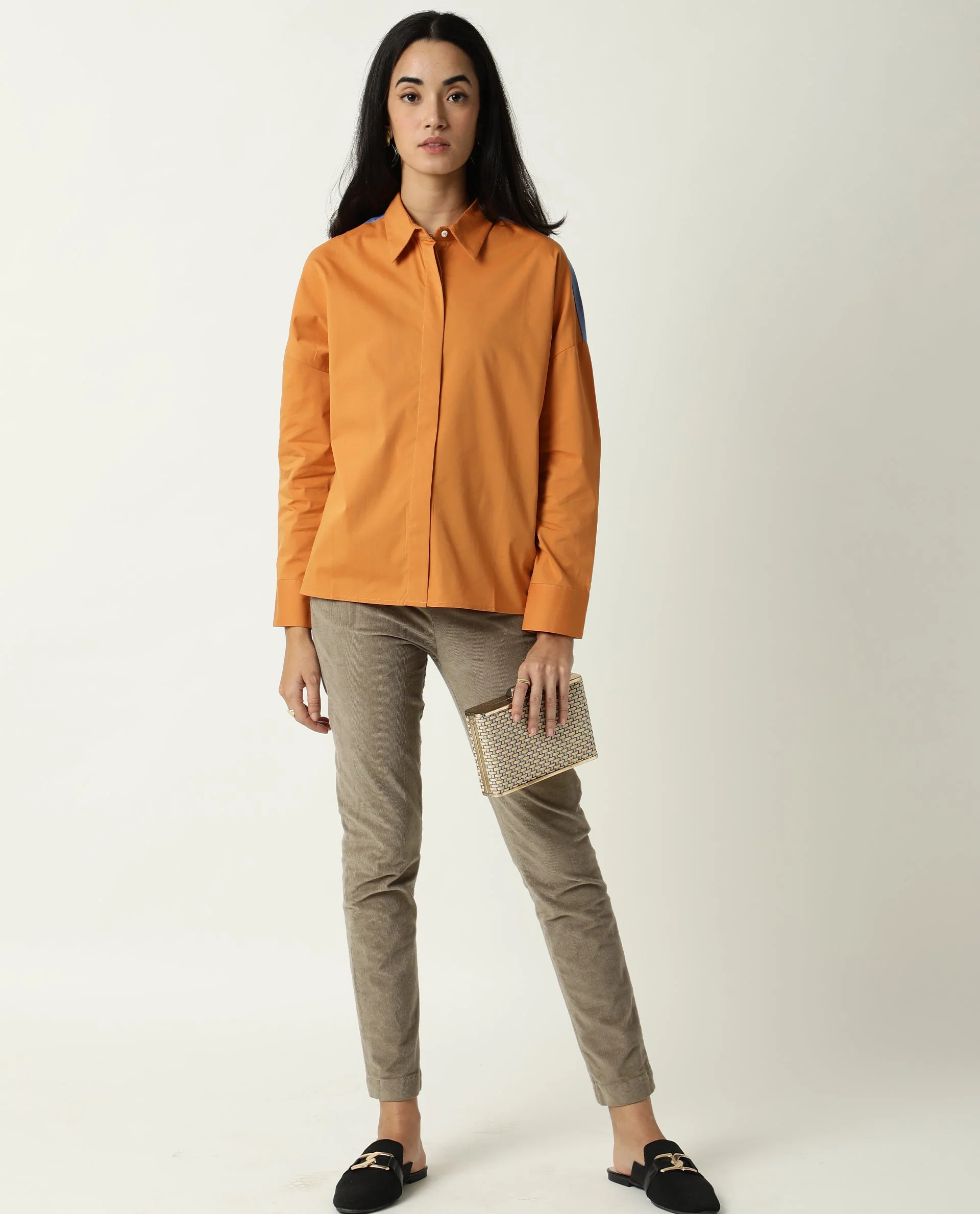 Rareism Women's Nellore Orange Spread Collar Plain Knee Length Regular Fit Top - Image 5