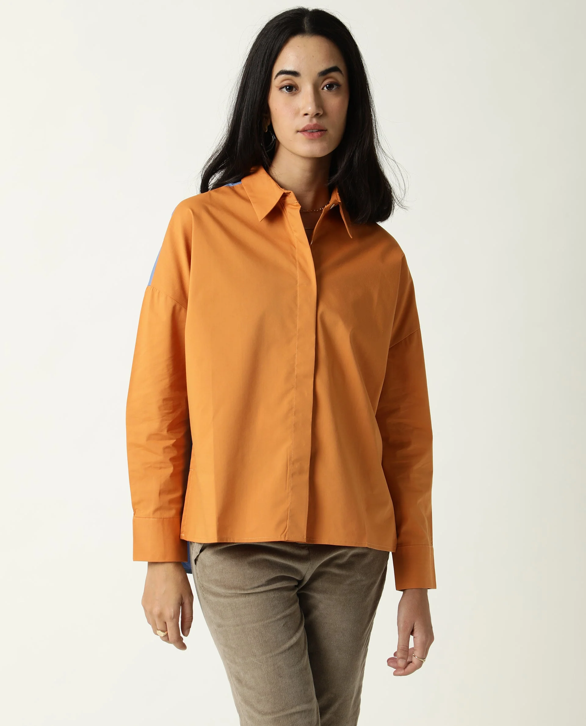 Rareism Women's Nellore Orange Spread Collar Plain Knee Length Regular Fit Top - Image 7