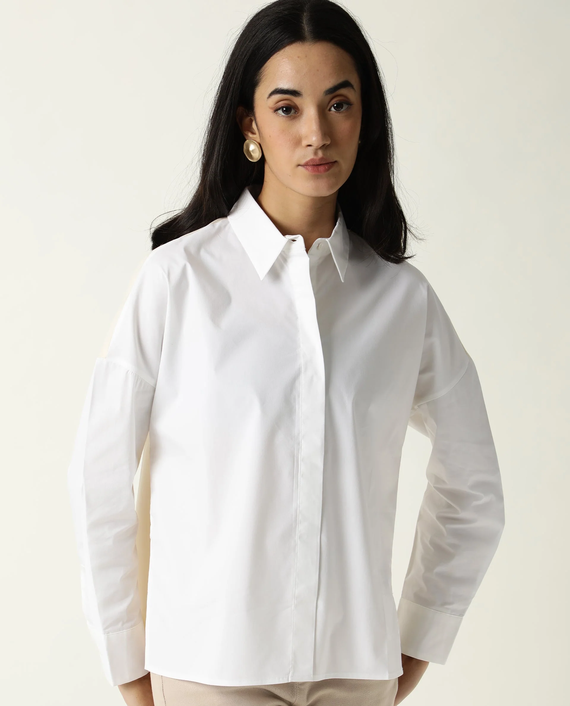 Rareism Women's Nellore White Cotton Blend Spread Collar Plain Regular Fit Top