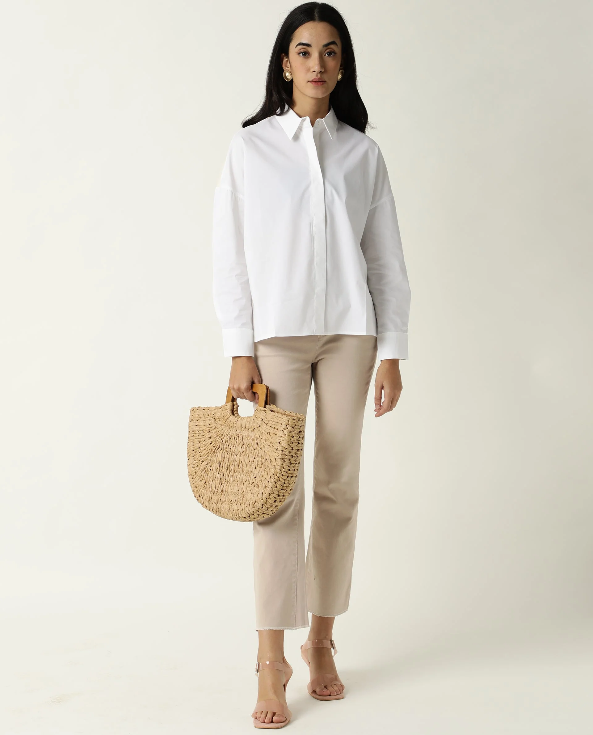 Rareism Women's Nellore White Cotton Blend Spread Collar Plain Regular Fit Top - Image 2