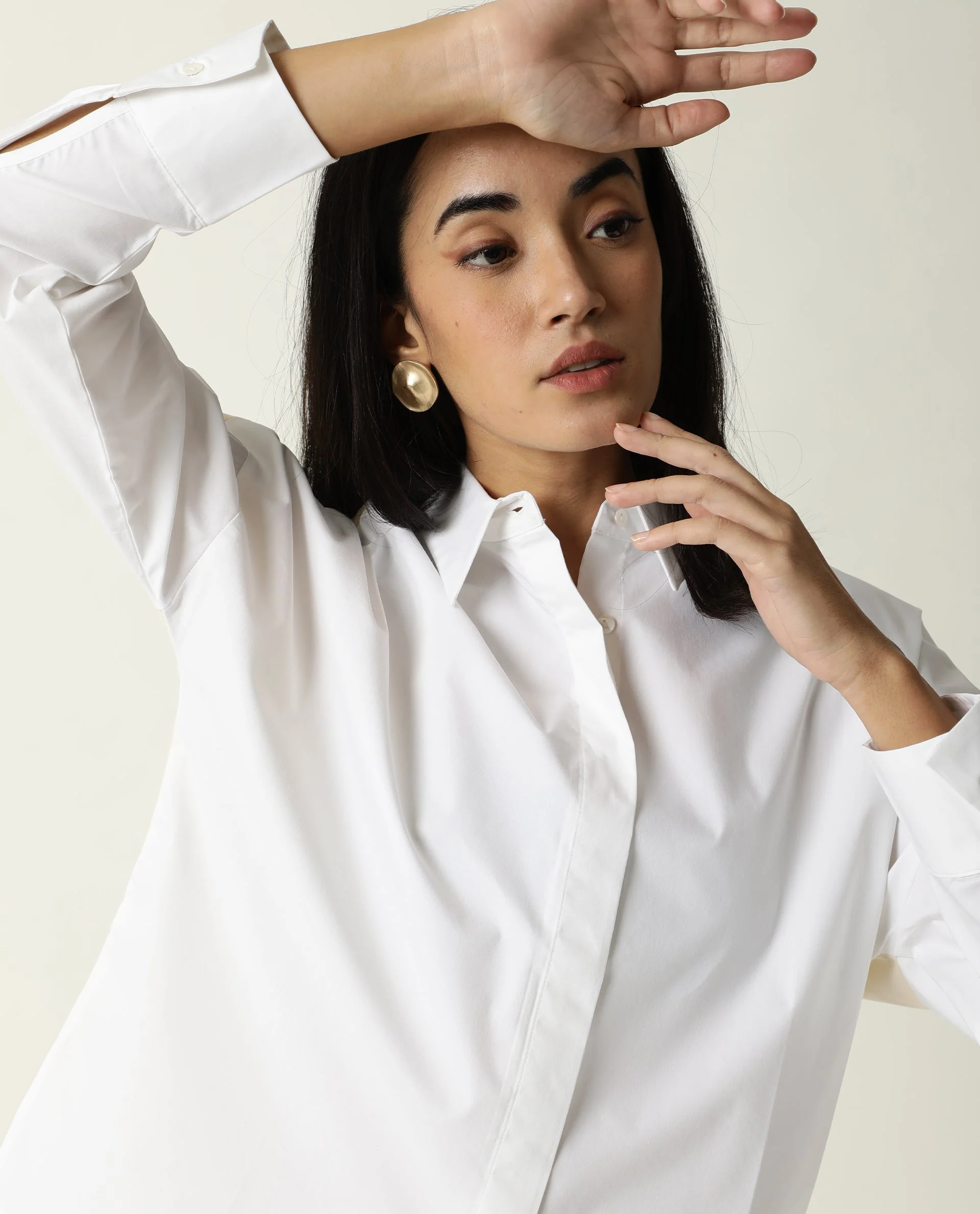 Rareism Women's Nellore White Cotton Blend Spread Collar Plain Regular Fit Top - Image 3