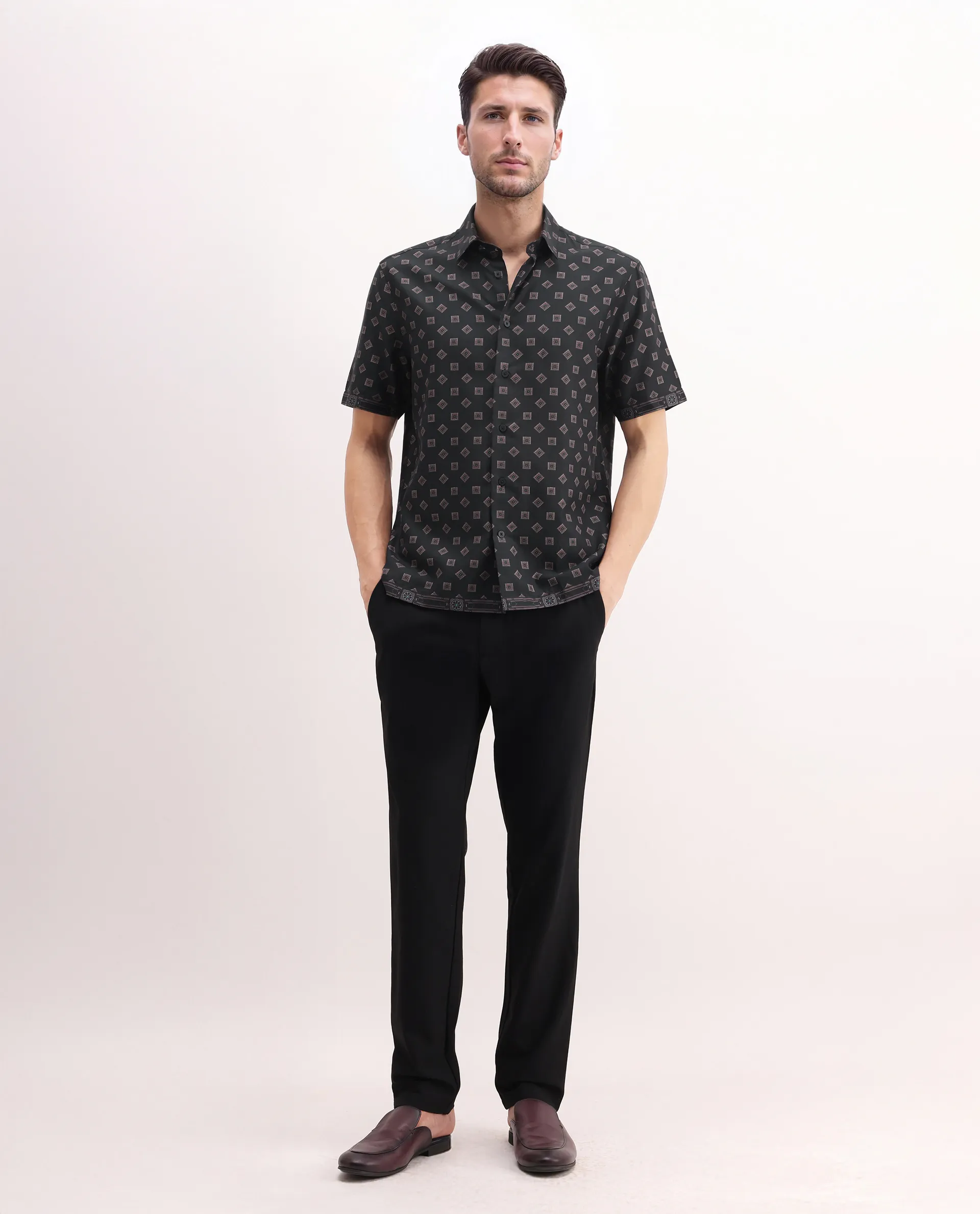 Rare Rabbit Men's Nelo Dusky Brown Viscose Geometric Print Regular Fit Half Sleeve Collared Shirt - Image 2