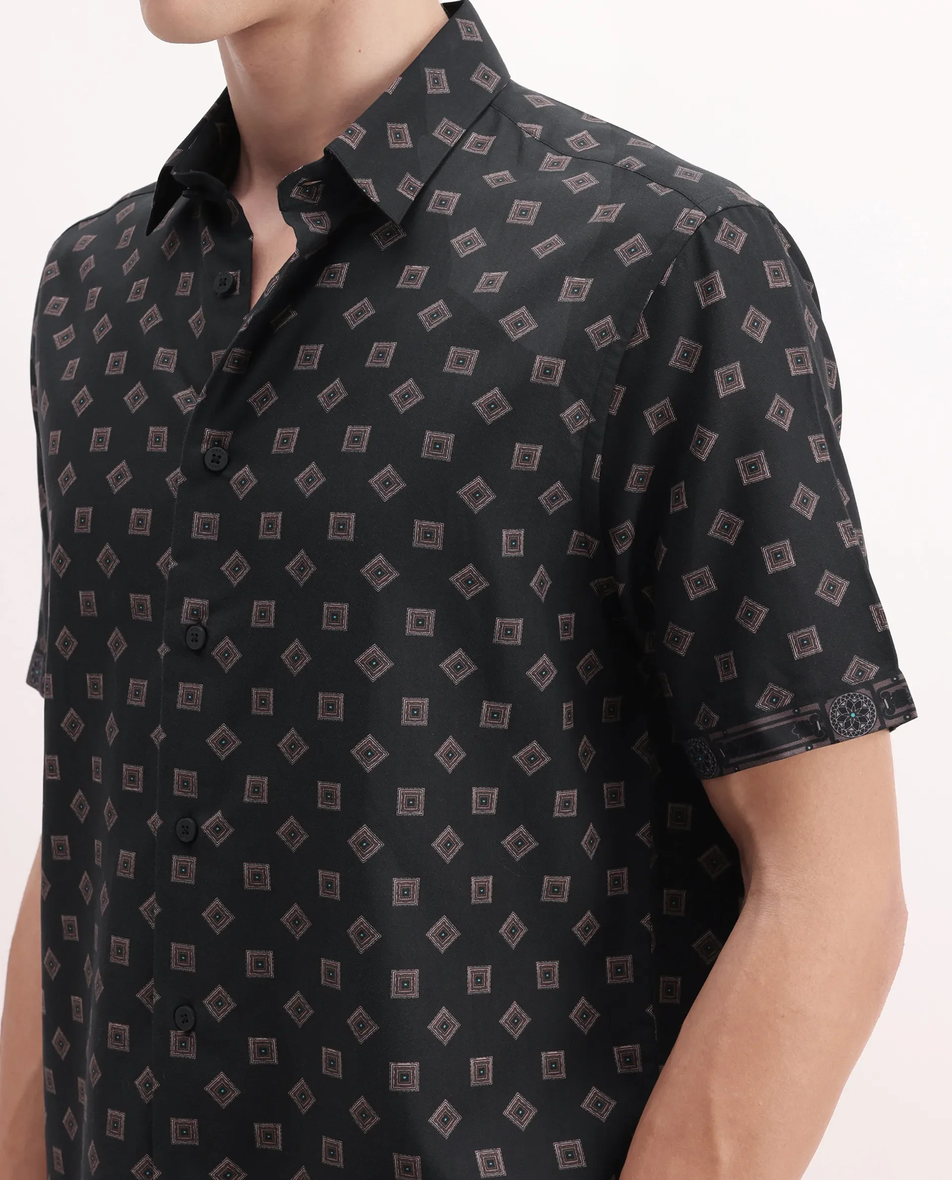 Rare Rabbit Men's Nelo Dusky Brown Viscose Geometric Print Regular Fit Half Sleeve Collared Shirt - Image 3