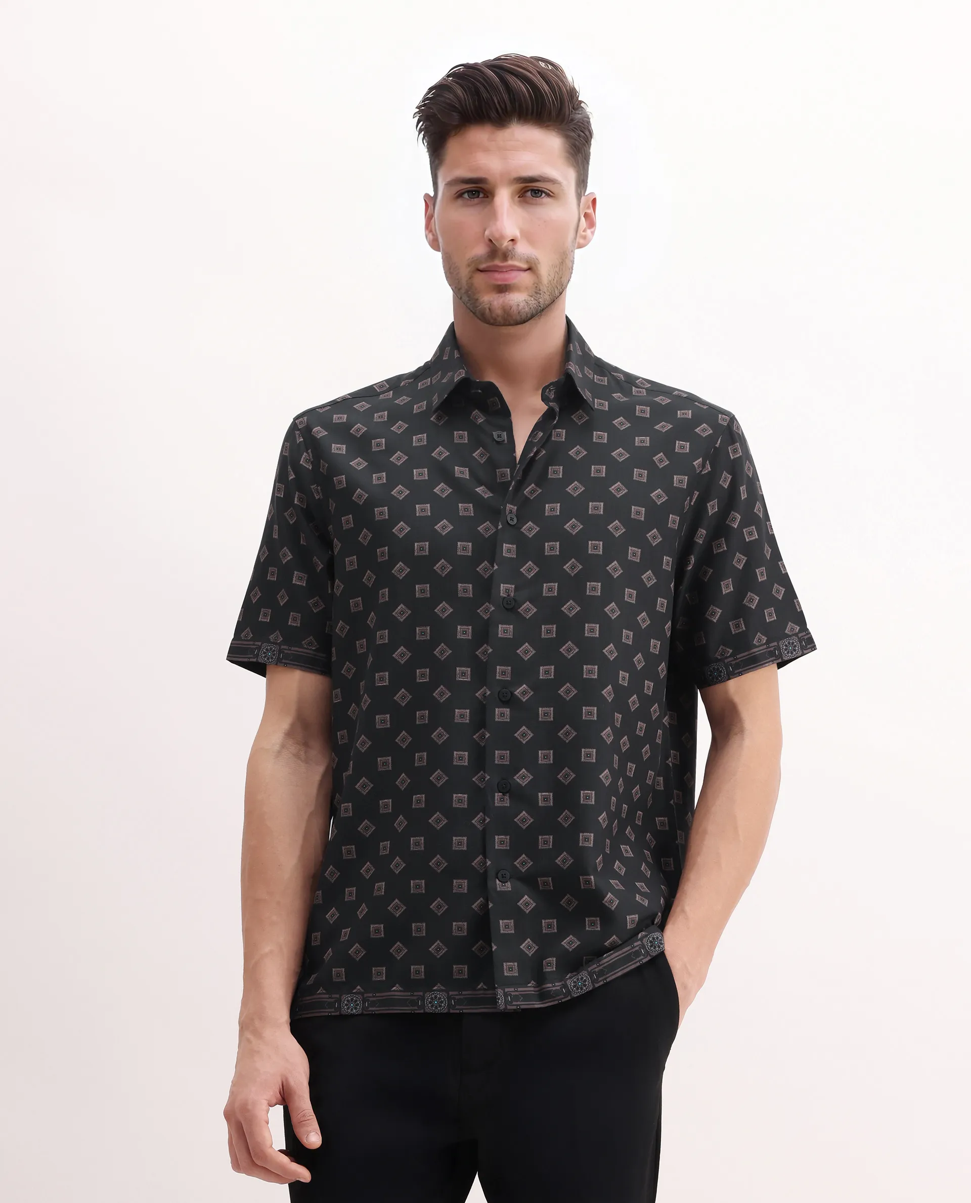 Rare Rabbit Men's Nelo Dusky Brown Viscose Geometric Print Regular Fit Half Sleeve Collared Shirt - Image 4