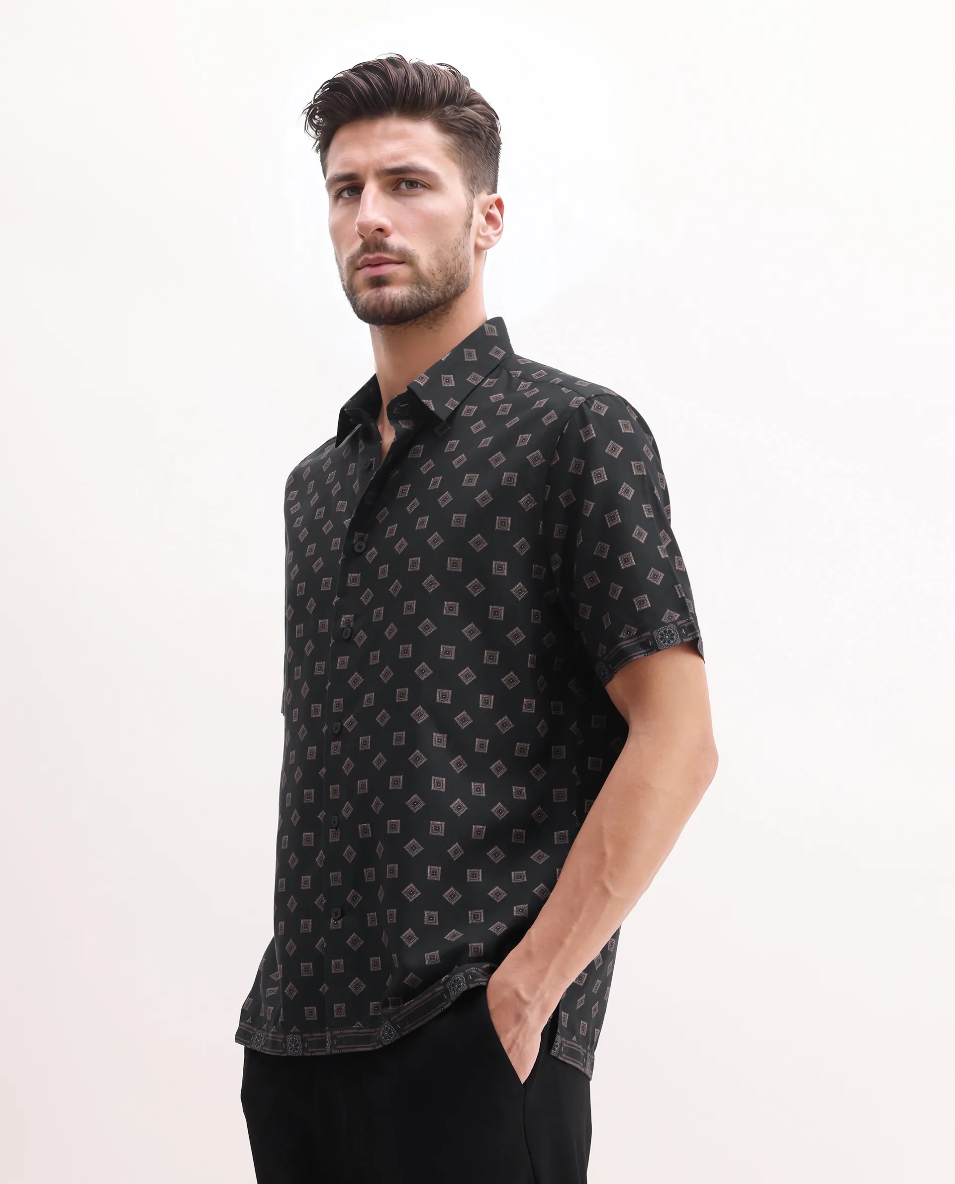 Rare Rabbit Men's Nelo Dusky Brown Viscose Geometric Print Regular Fit Half Sleeve Collared Shirt - Image 5