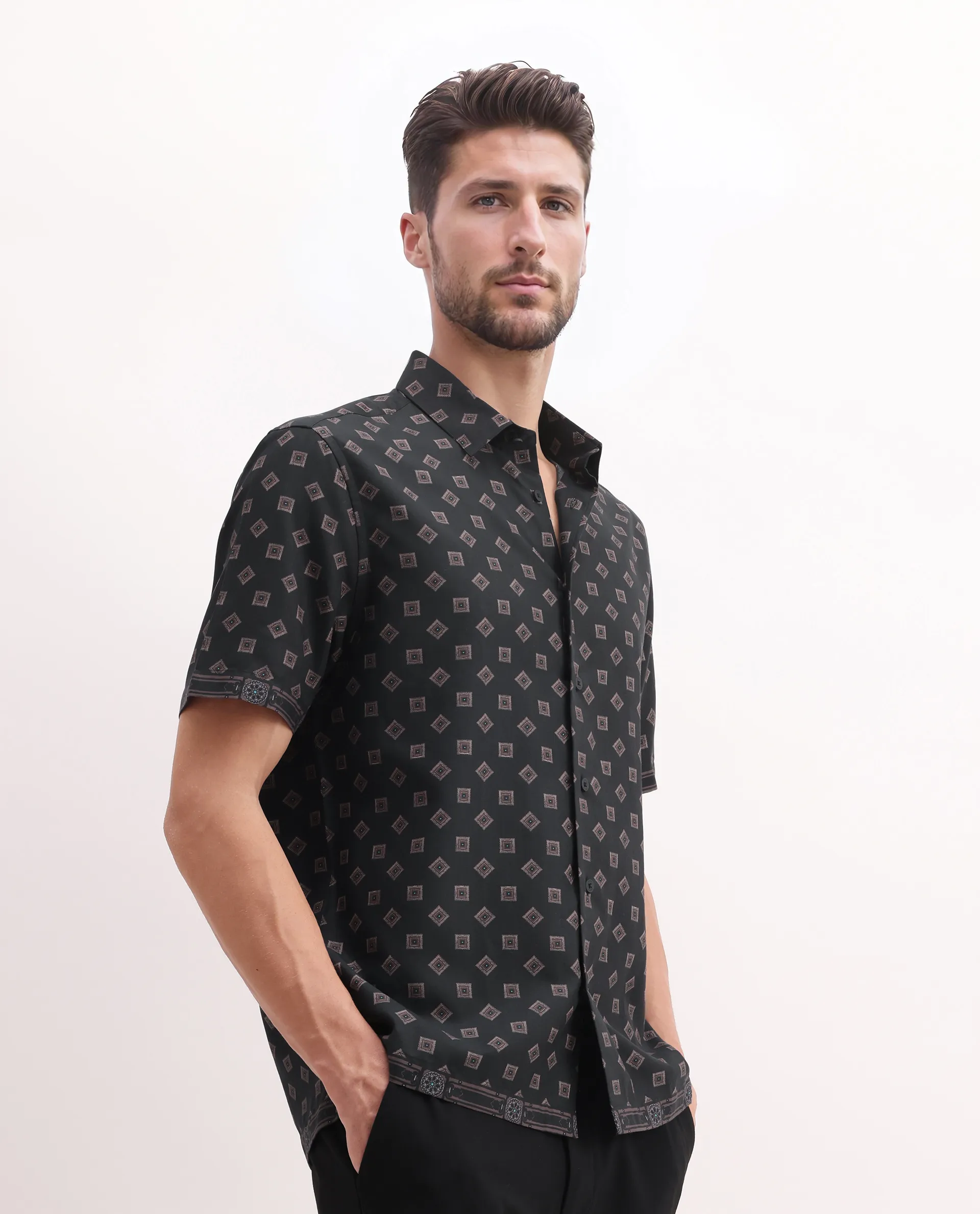 Rare Rabbit Men's Nelo Dusky Brown Viscose Geometric Print Regular Fit Half Sleeve Collared Shirt - Image 6