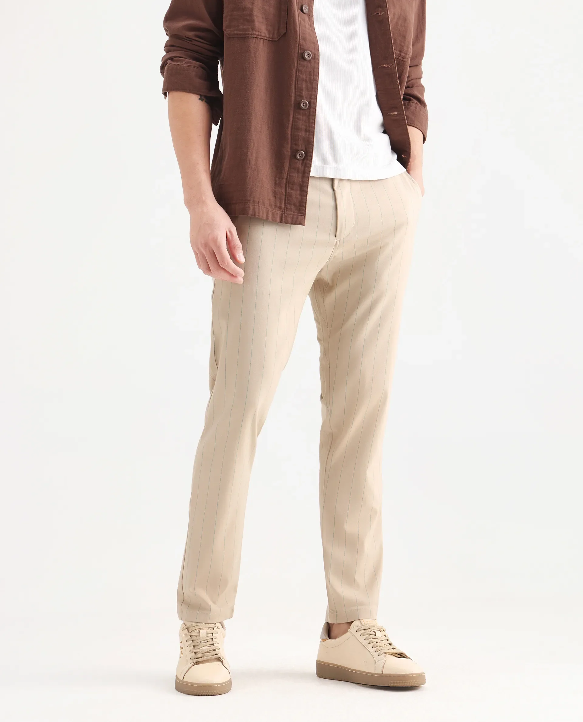 Rare Rabbit Men's Nelo Beige Cotton Striped Print Regular Fit Trouser - Image 2