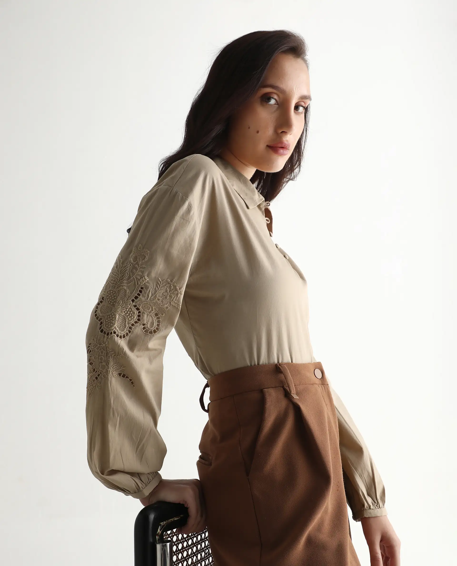 Rareism Women's Nembo Beige Cotton Bishop Sleeve Collared Neck Regular Fit Plain Top