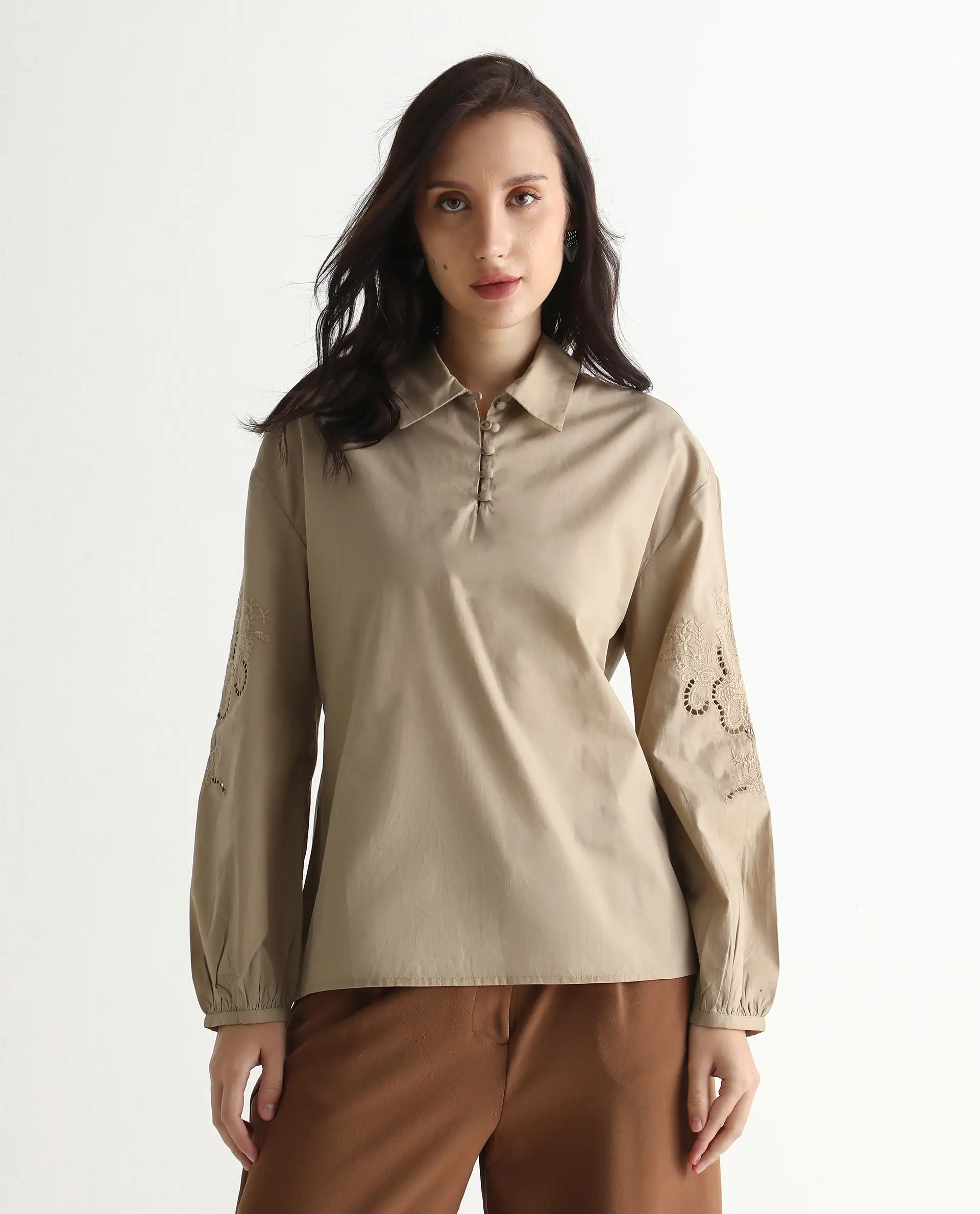 Rareism Women's Nembo Beige Cotton Bishop Sleeve Collared Neck Regular Fit Plain Top - Image 2