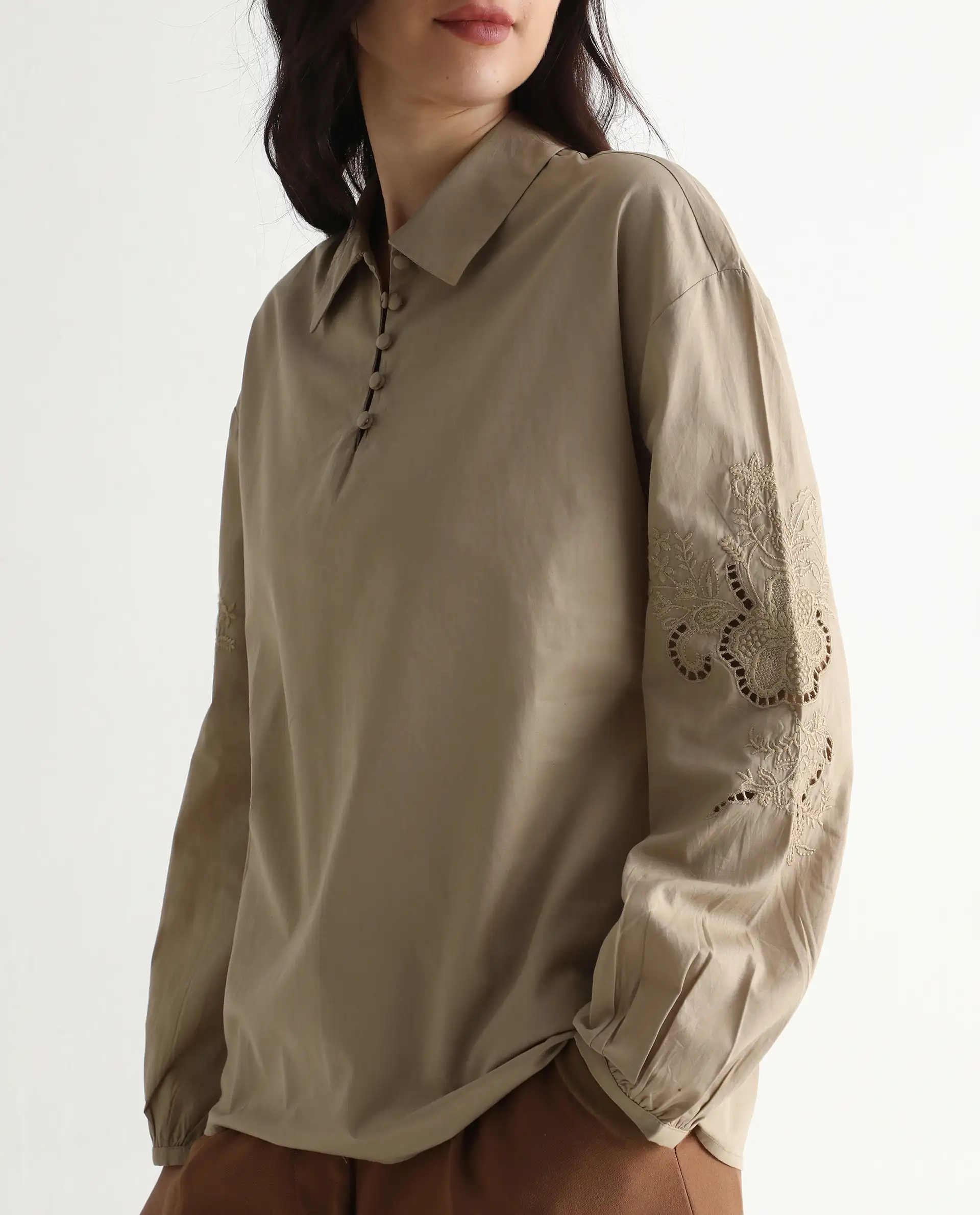 Rareism Women's Nembo Beige Cotton Bishop Sleeve Collared Neck Regular Fit Plain Top - Image 3