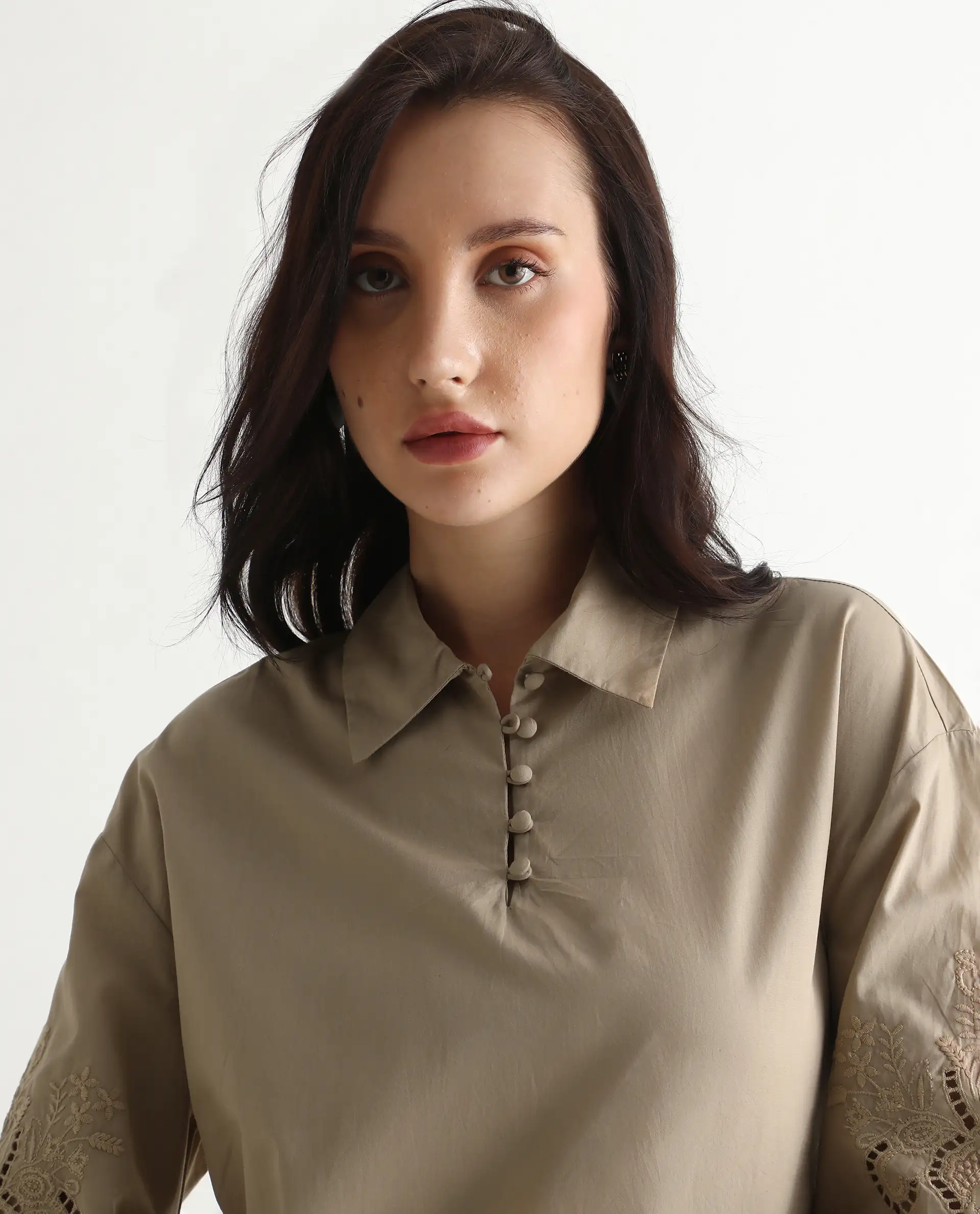 Rareism Women's Nembo Beige Cotton Bishop Sleeve Collared Neck Regular Fit Plain Top - Image 4
