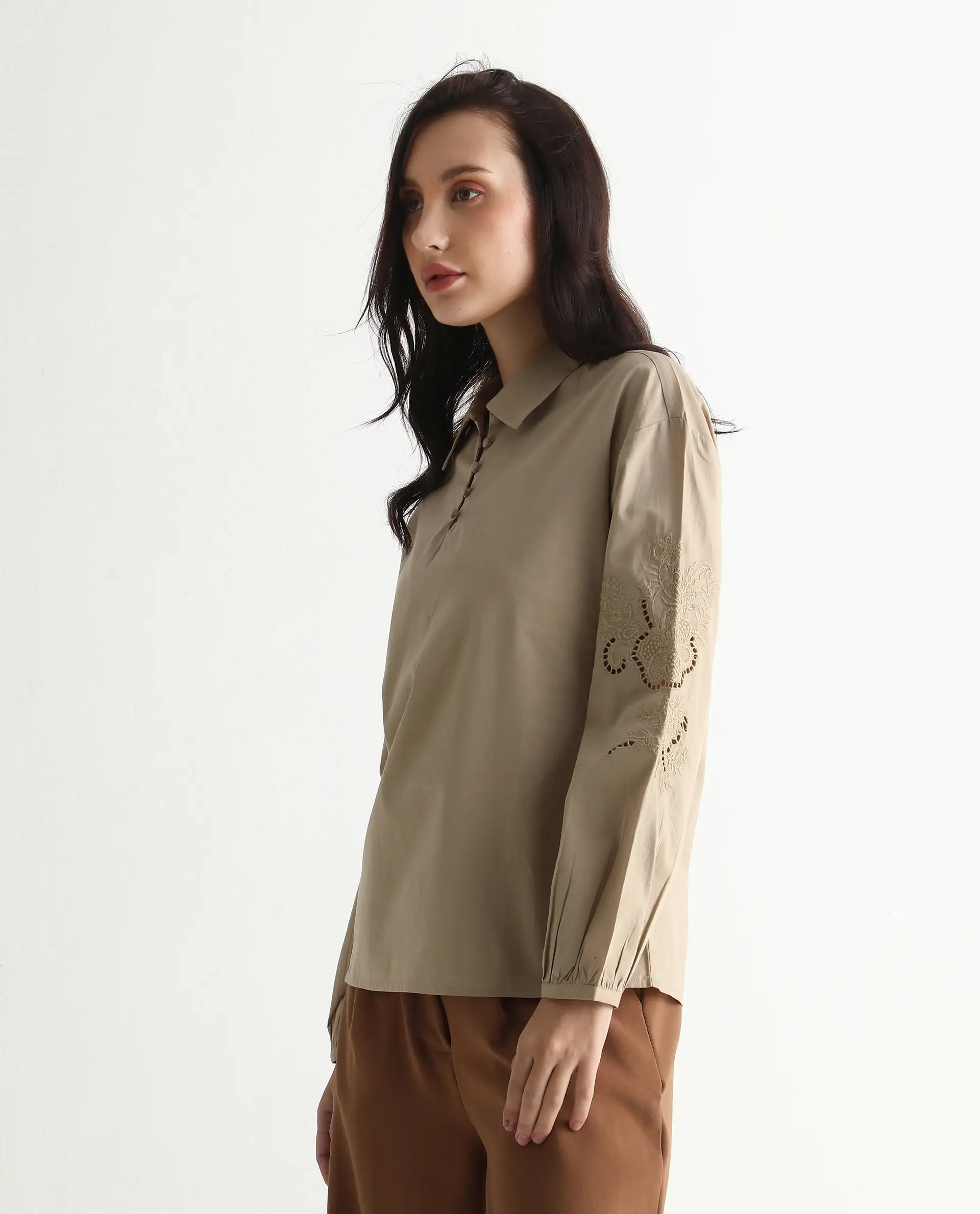 Rareism Women's Nembo Beige Cotton Bishop Sleeve Collared Neck Regular Fit Plain Top - Image 5