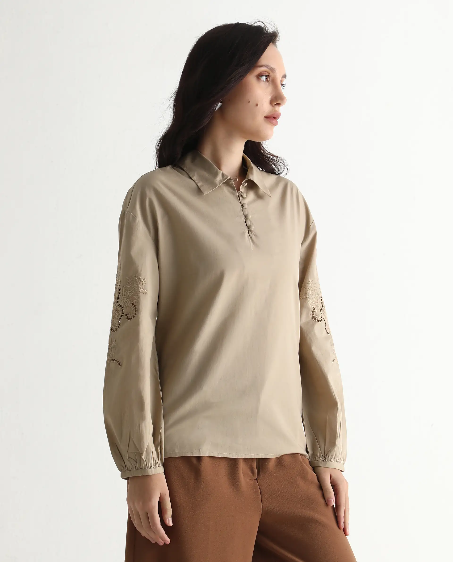 Rareism Women's Nembo Beige Cotton Bishop Sleeve Collared Neck Regular Fit Plain Top - Image 6
