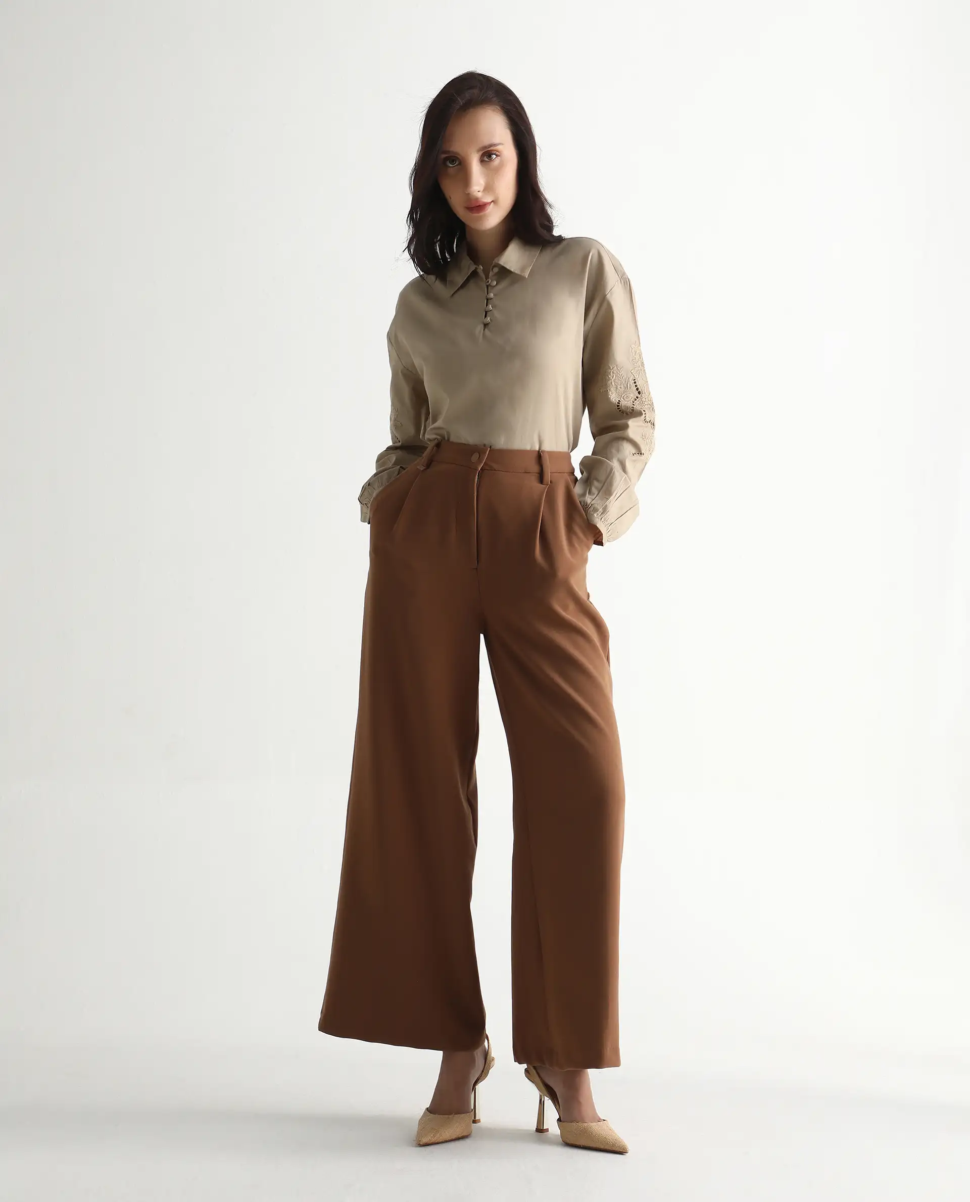 Rareism Women's Nembo Beige Cotton Bishop Sleeve Collared Neck Regular Fit Plain Top - Image 7