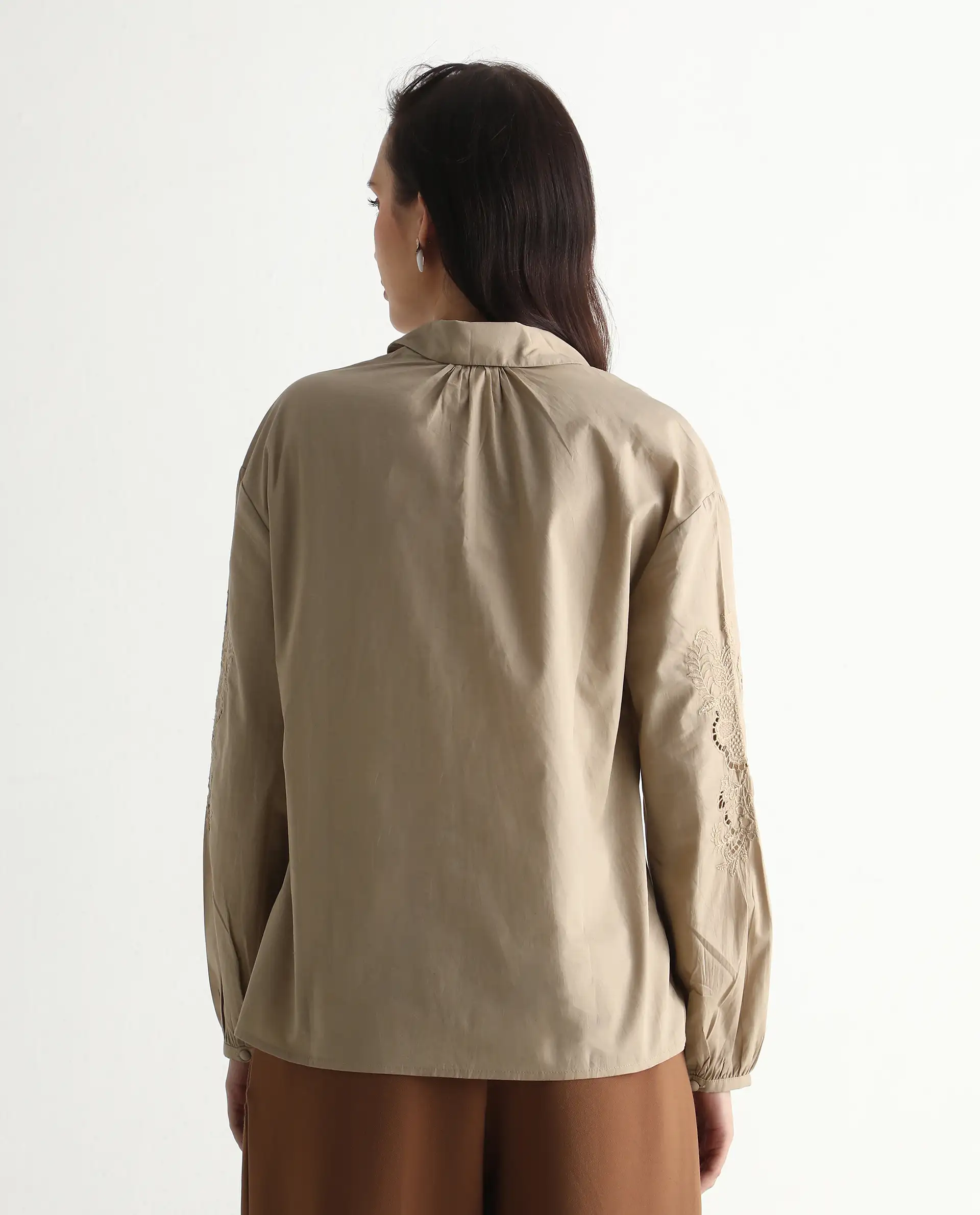 Rareism Women's Nembo Beige Cotton Bishop Sleeve Collared Neck Regular Fit Plain Top - Image 8