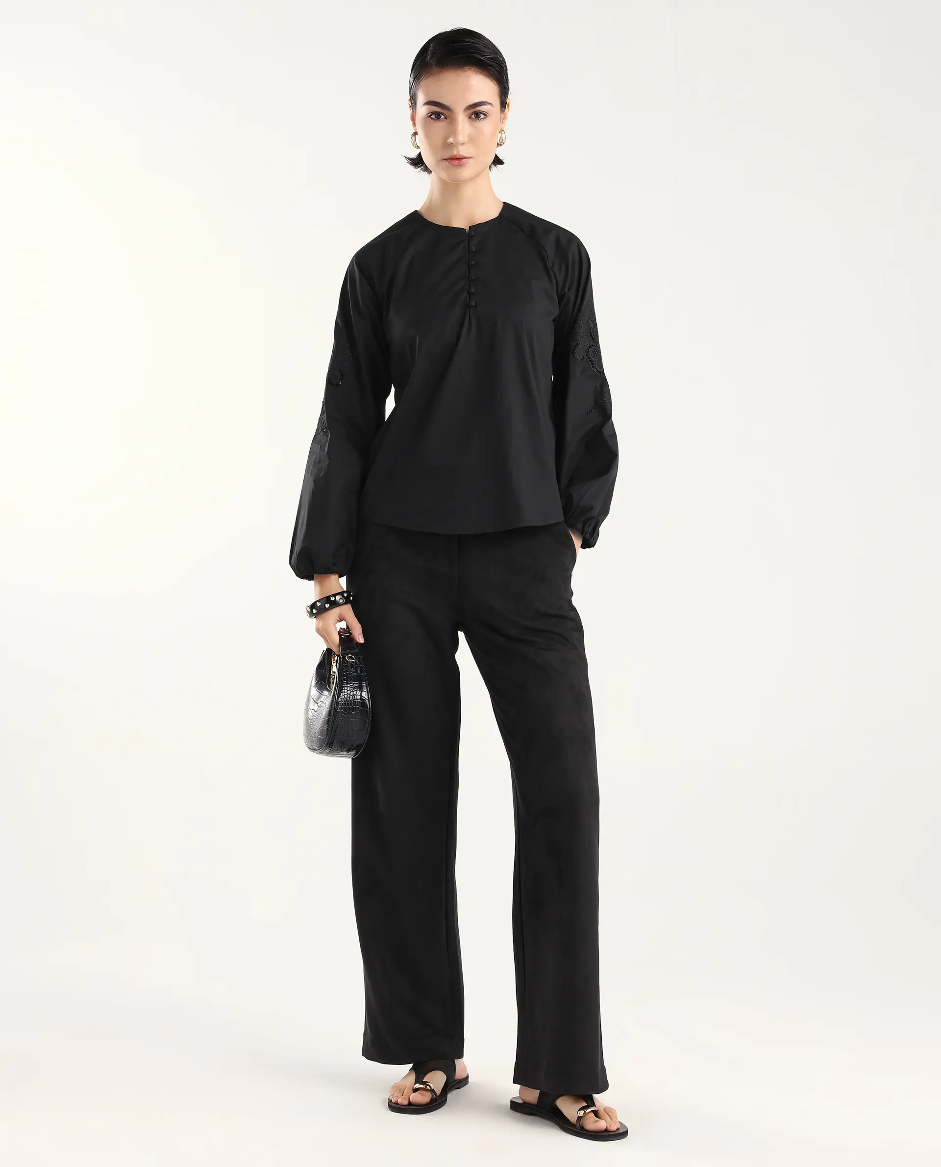 Rareism Women's Nembon Black Cotton Full Sleeve Regular Fit Plain Top - Image 2