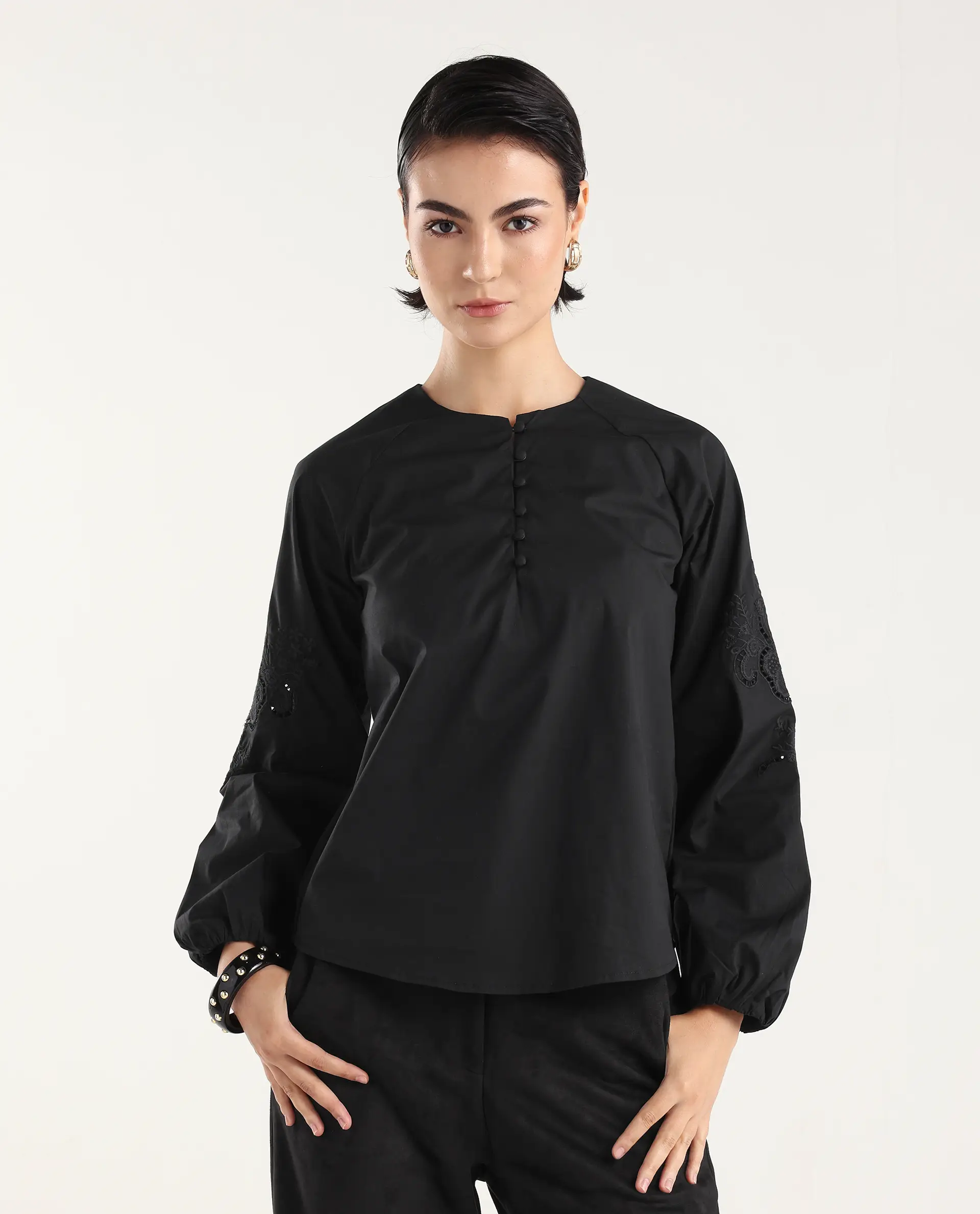Rareism Women's Nembon Black Cotton Full Sleeve Regular Fit Plain Top - Image 3