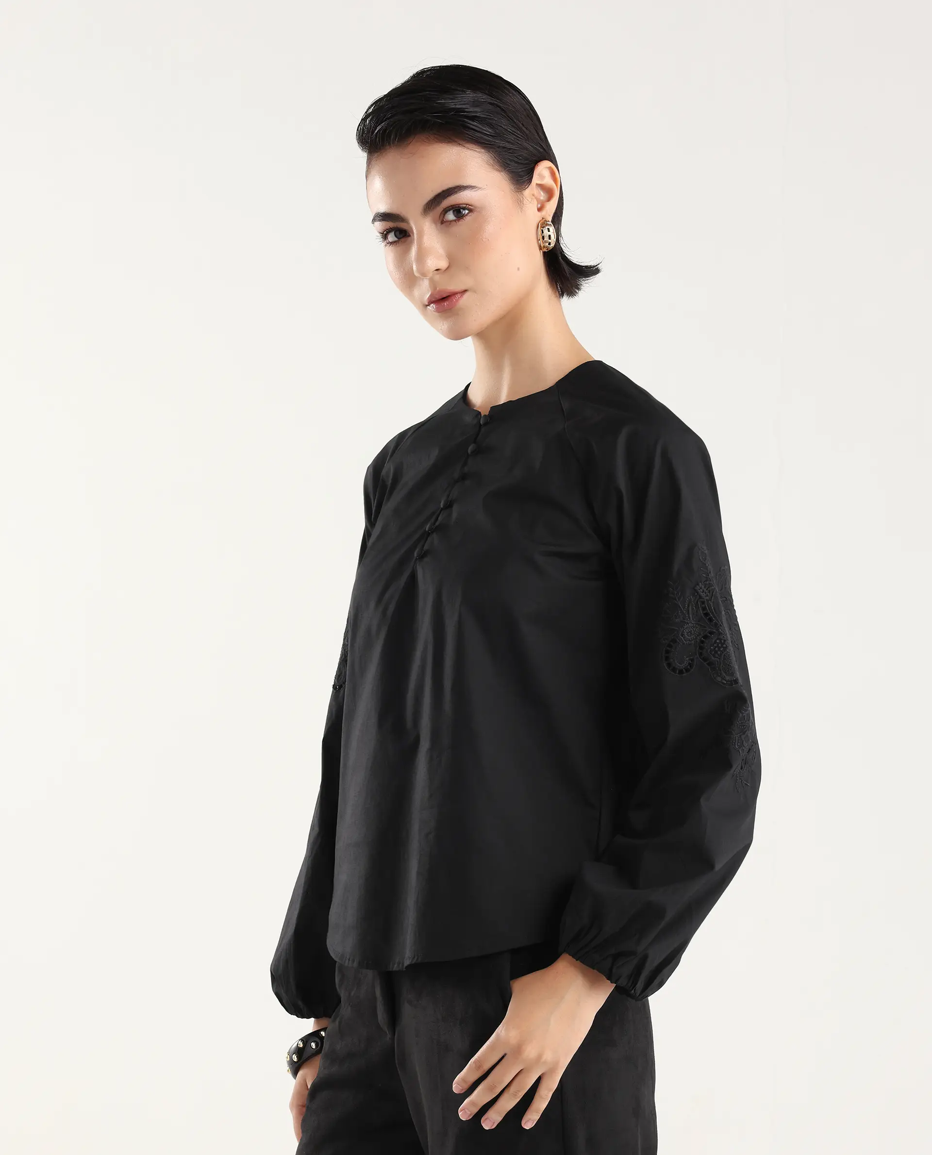 Rareism Women's Nembon Black Cotton Full Sleeve Regular Fit Plain Top - Image 5