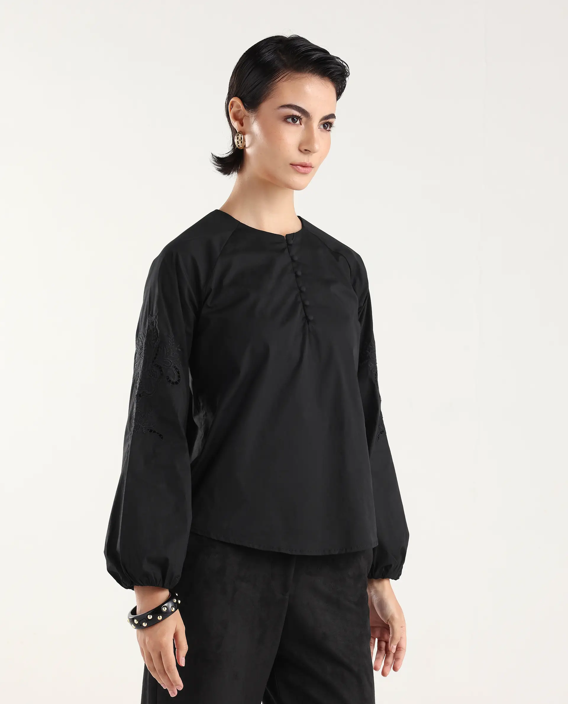 Rareism Women's Nembon Black Cotton Full Sleeve Regular Fit Plain Top - Image 6