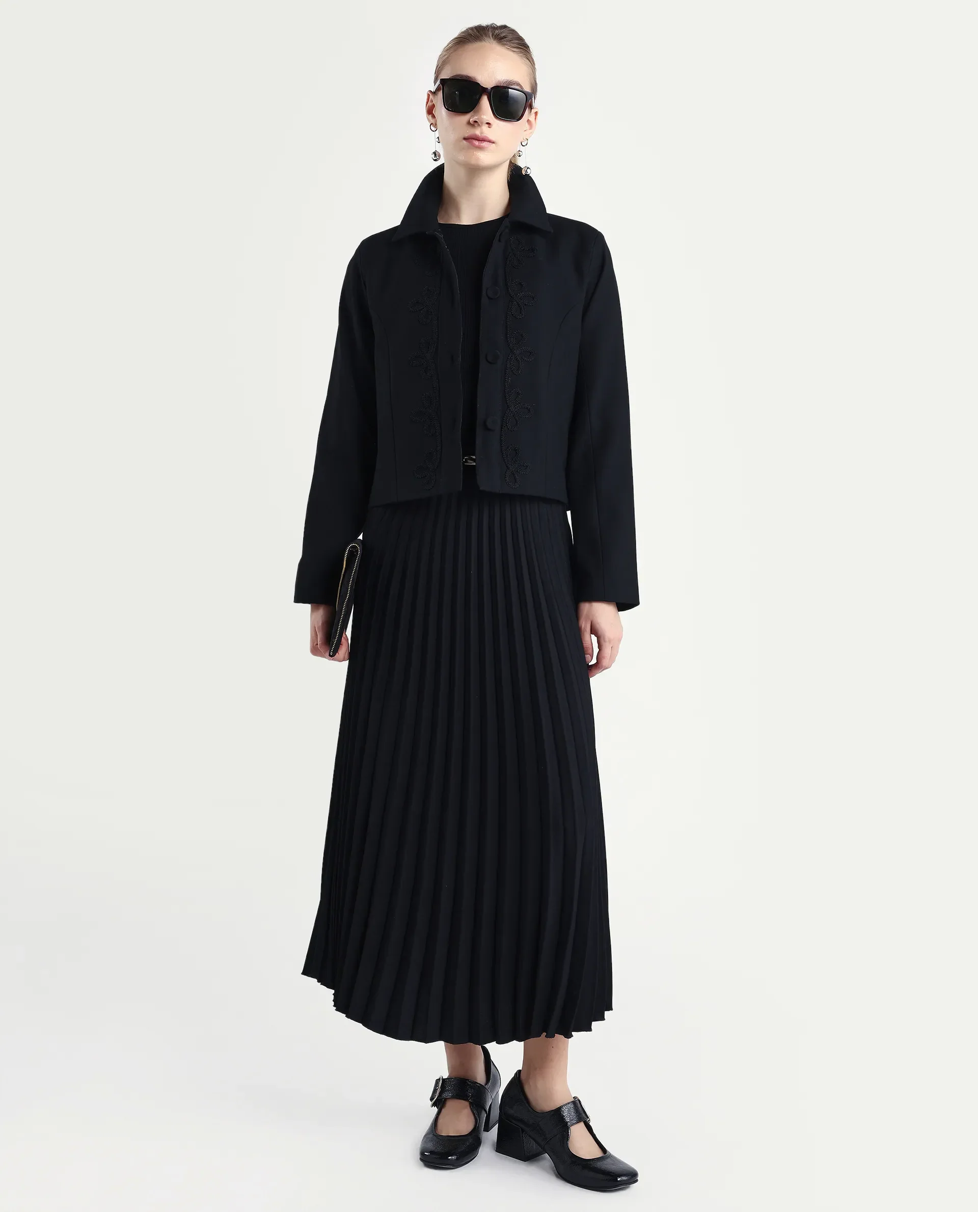 Rareism Women's Nemby Black Polyester Blend Collared Neck Slim Fit Plain Jacket - Image 2
