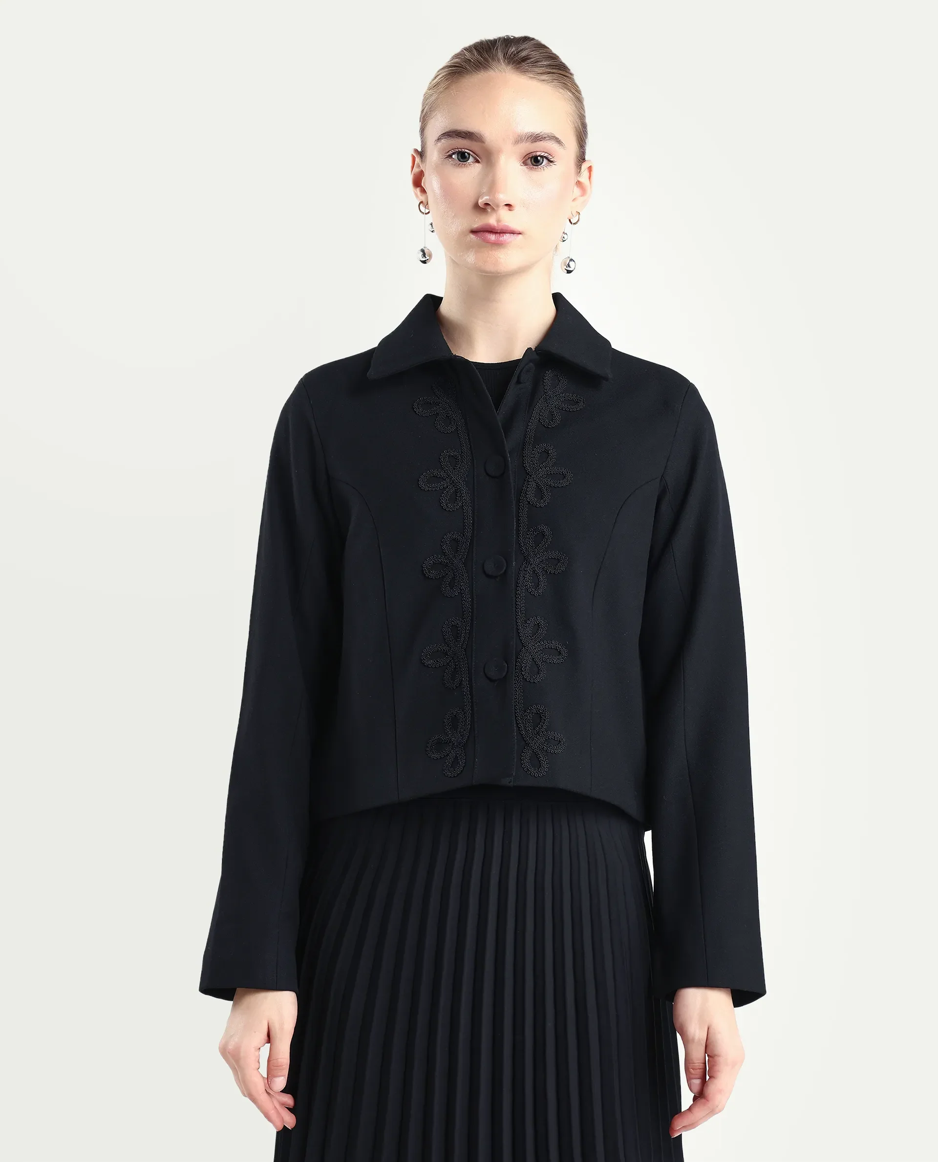 Rareism Women's Nemby Black Polyester Blend Collared Neck Slim Fit Plain Jacket - Image 3