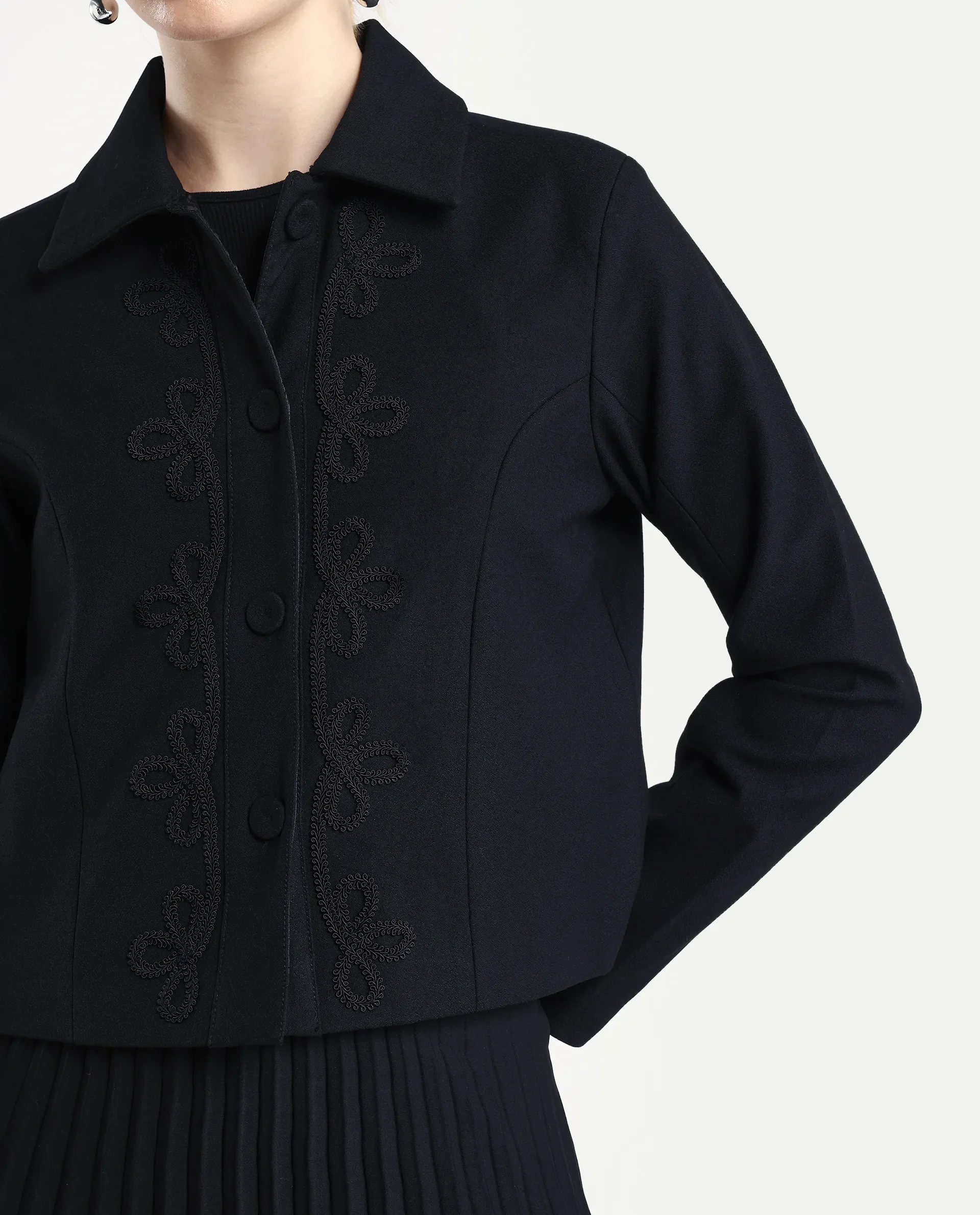 Rareism Women's Nemby Black Polyester Blend Collared Neck Slim Fit Plain Jacket - Image 4