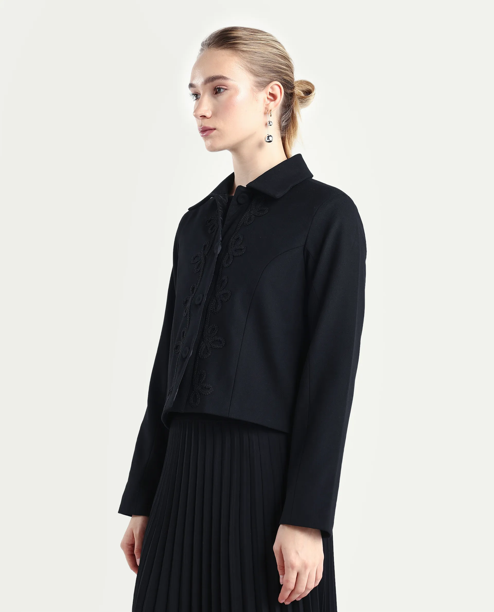 Rareism Women's Nemby Black Polyester Blend Collared Neck Slim Fit Plain Jacket - Image 5