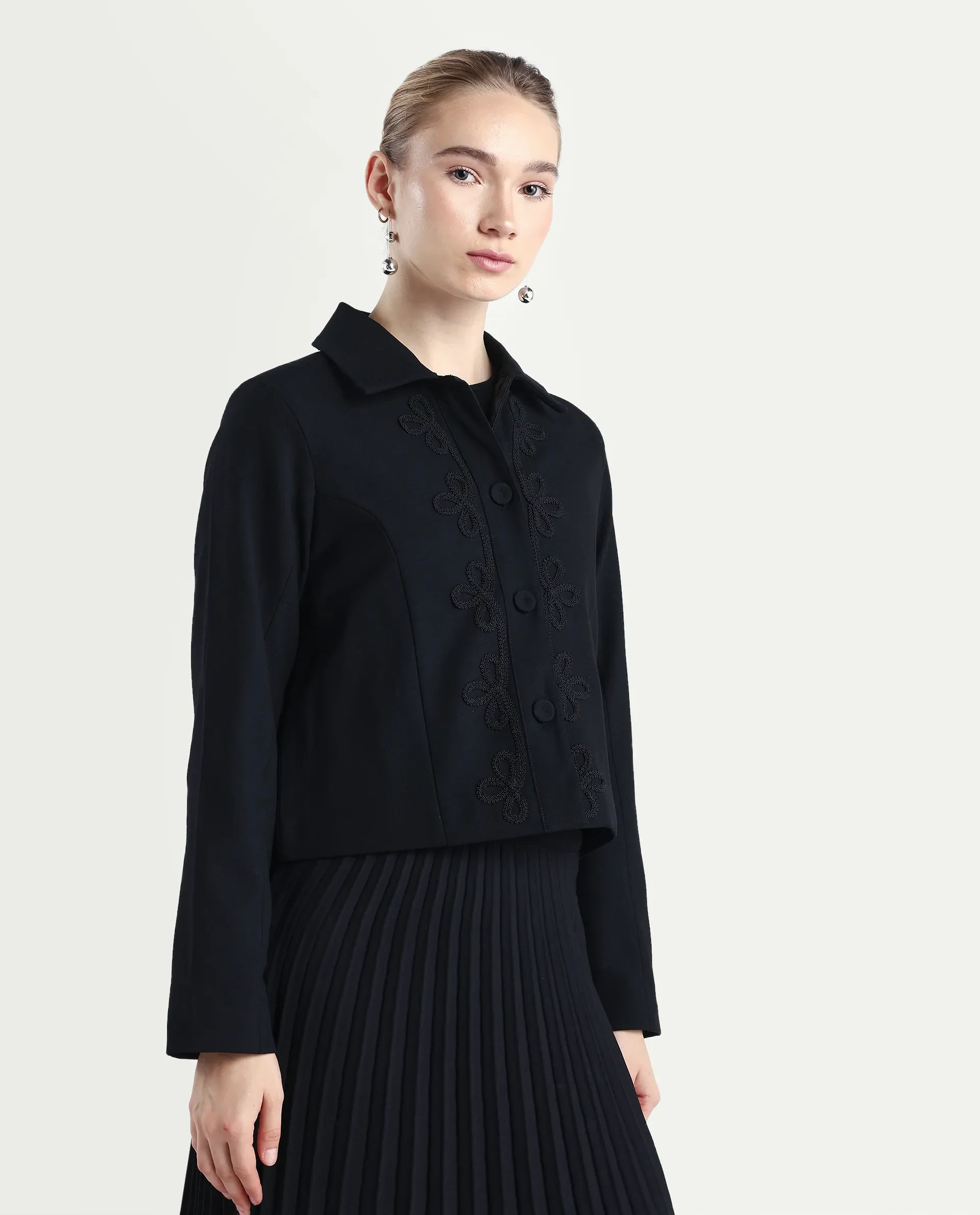 Rareism Women's Nemby Black Polyester Blend Collared Neck Slim Fit Plain Jacket - Image 6