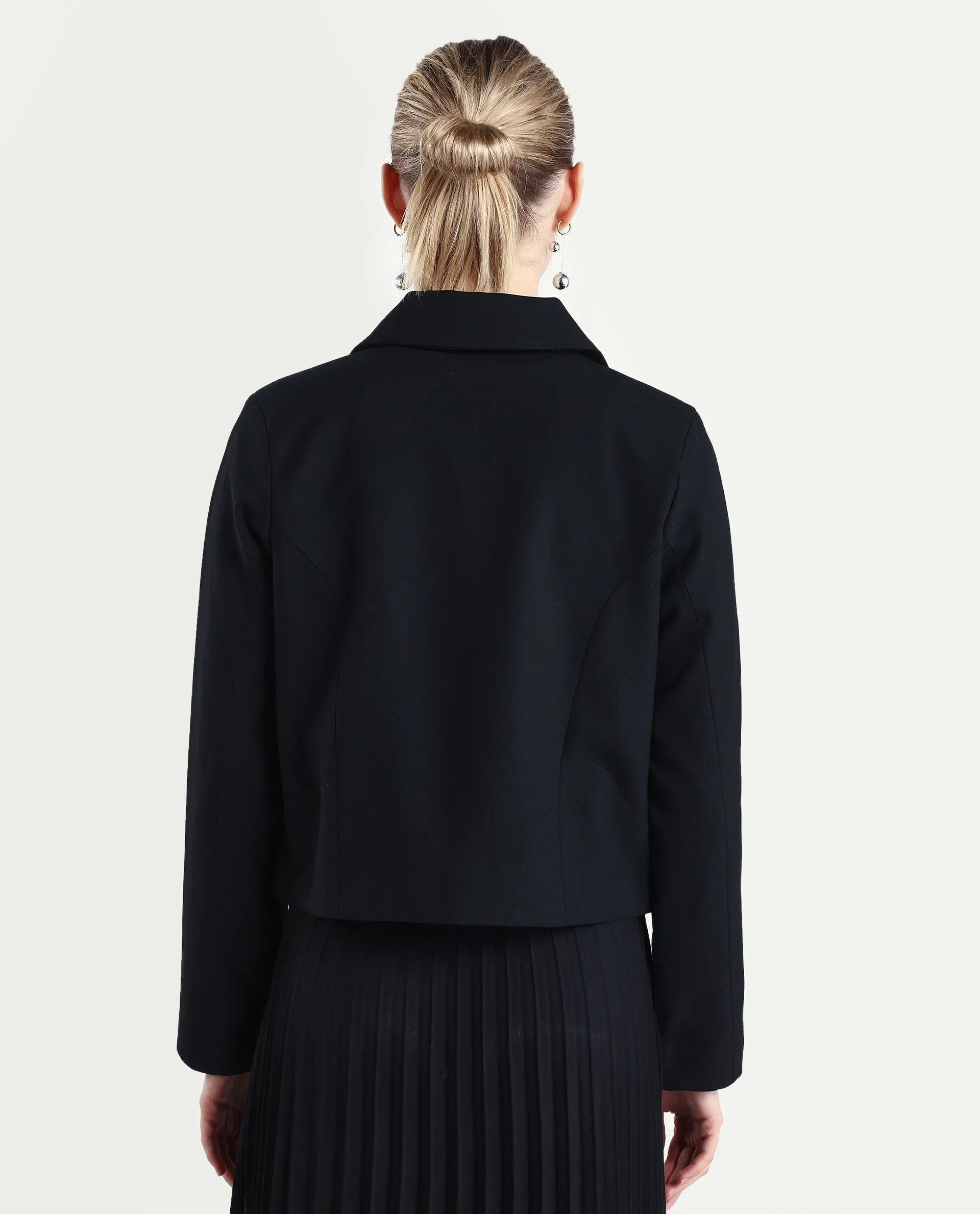 Rareism Women's Nemby Black Polyester Blend Collared Neck Slim Fit Plain Jacket - Image 7