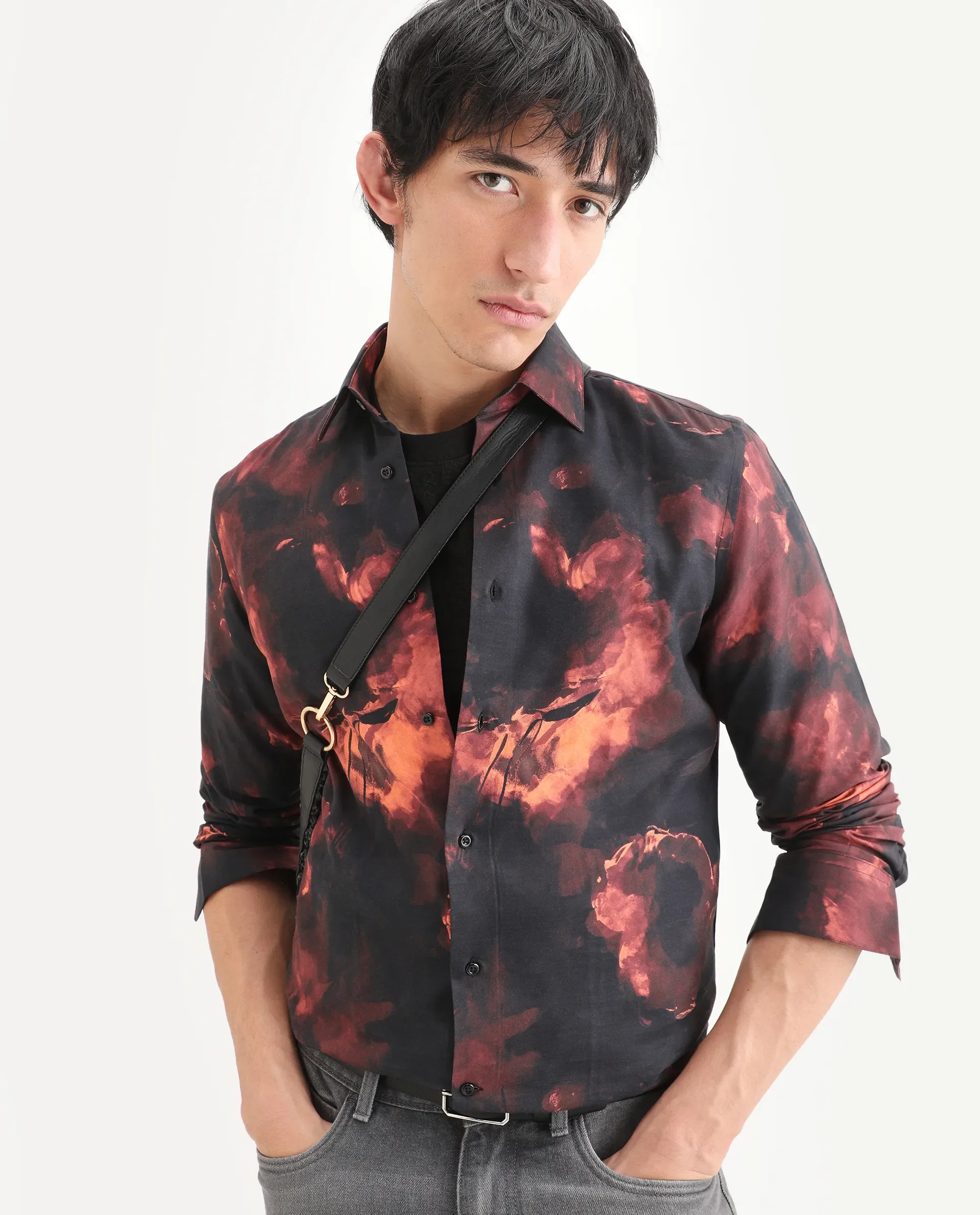 Rare Rabbit Men's Nemi Black Cotton Blend Fabric Full Sleeve Spread Collar Regular Fit Abstract Print Shirt