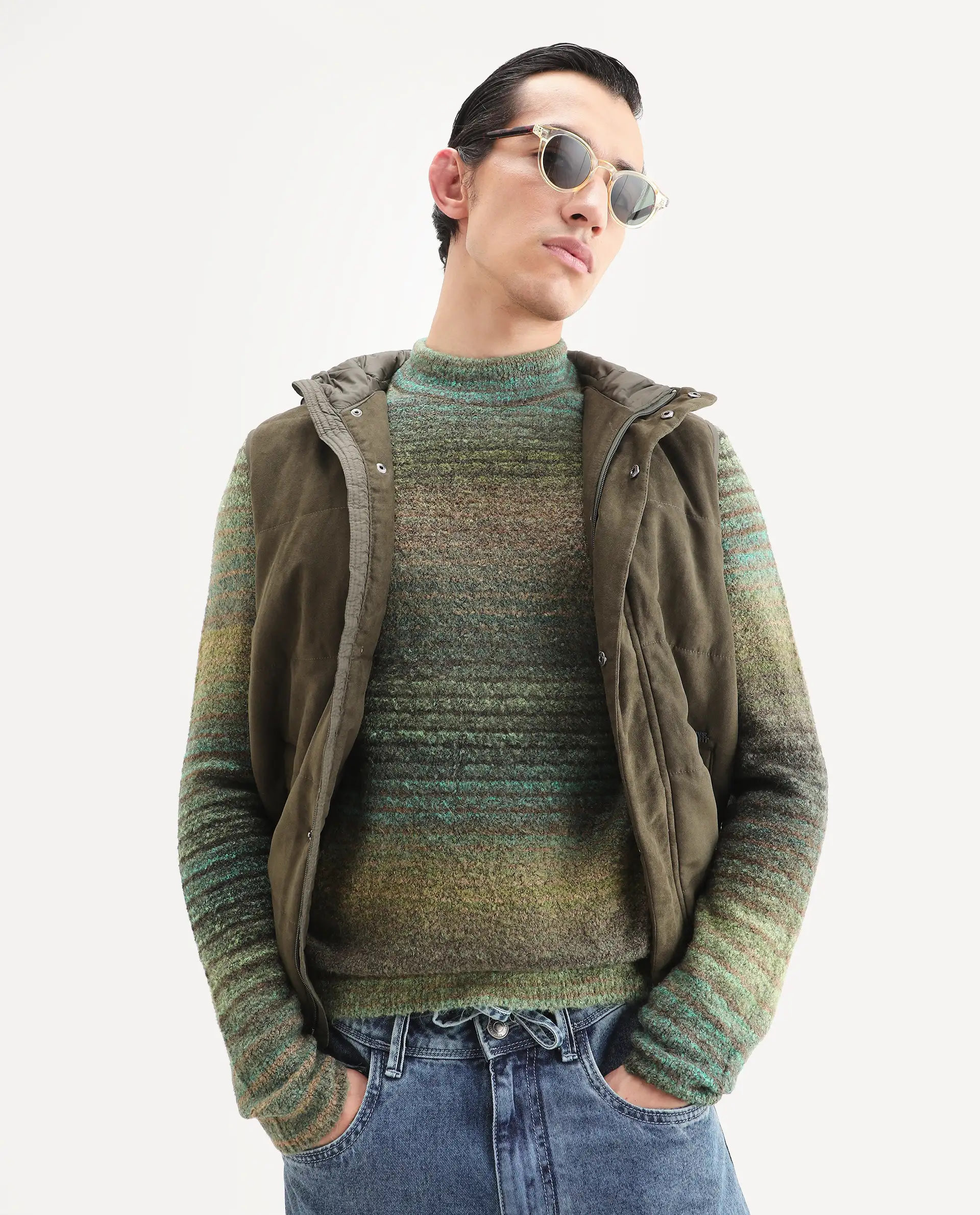 Rare Rabbit Men's Nemo Green Acrylic Color Block Regular Fit Full Sleeve Crew Neck Sweater