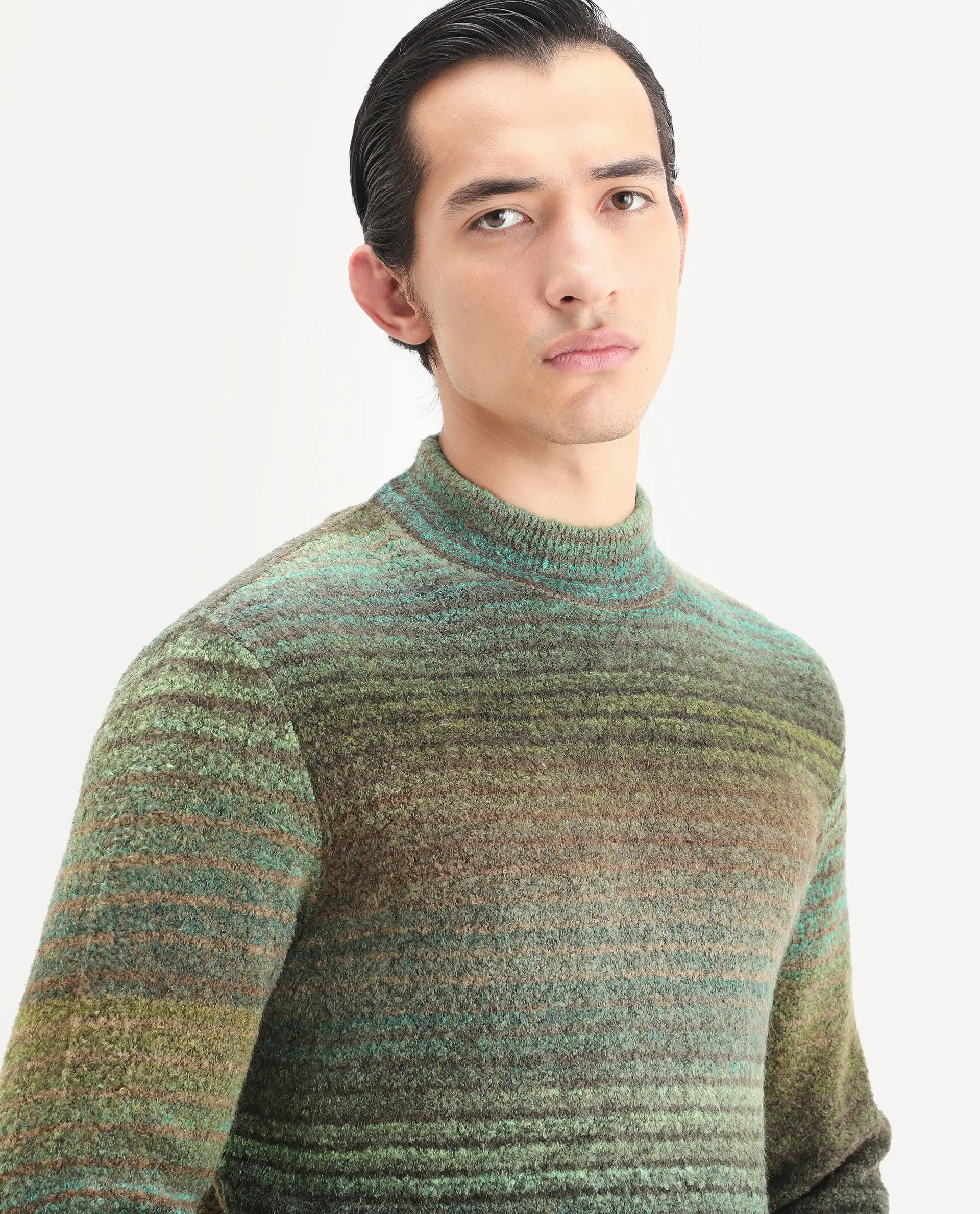 Rare Rabbit Men's Nemo Green Acrylic Color Block Regular Fit Full Sleeve Crew Neck Sweater - Image 3