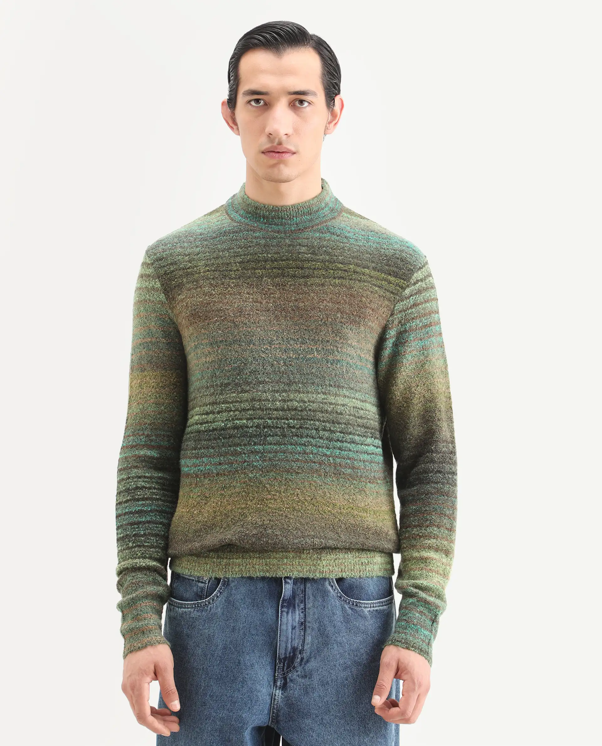 Rare Rabbit Men's Nemo Green Acrylic Color Block Regular Fit Full Sleeve Crew Neck Sweater - Image 4