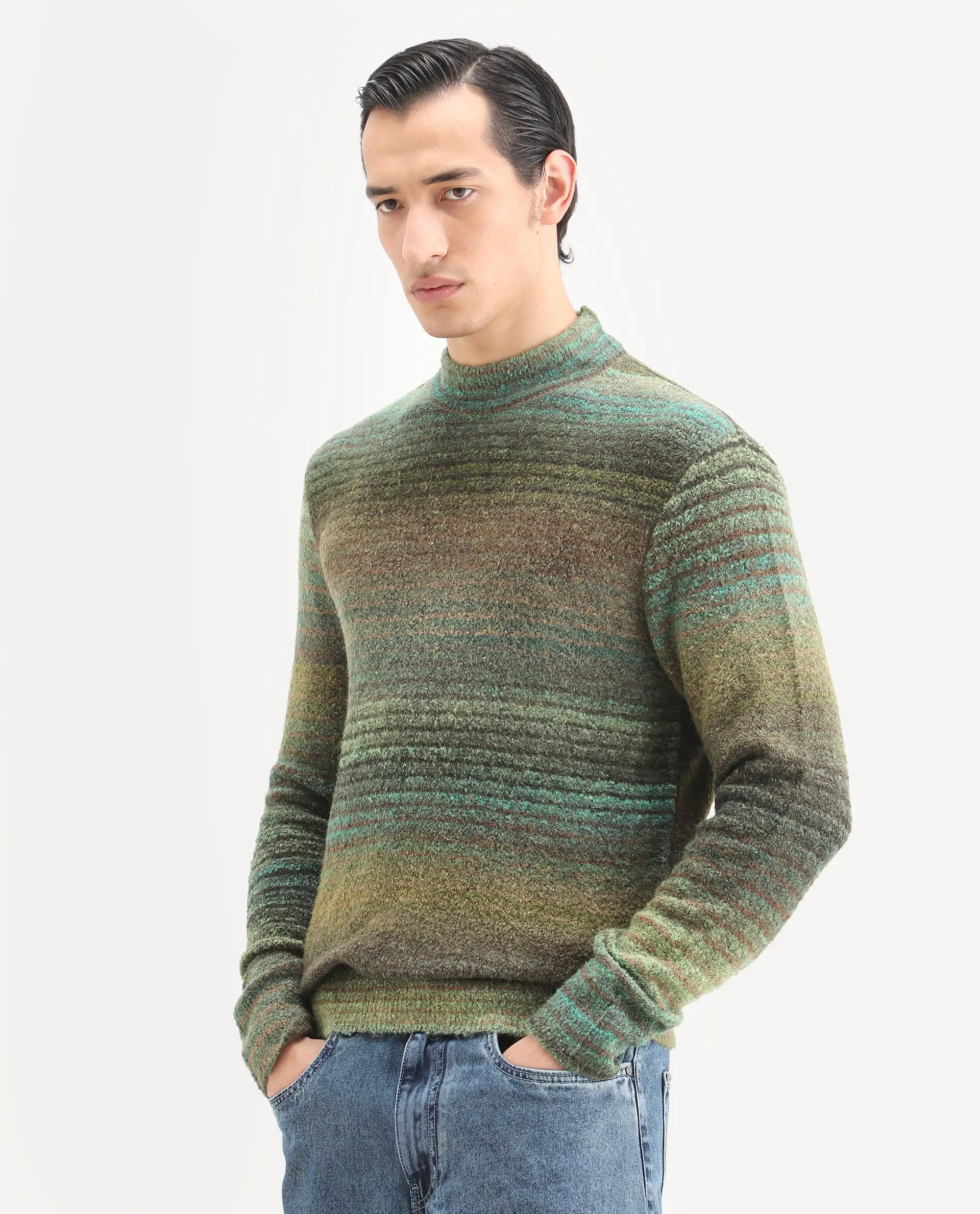 Rare Rabbit Men's Nemo Green Acrylic Color Block Regular Fit Full Sleeve Crew Neck Sweater - Image 5