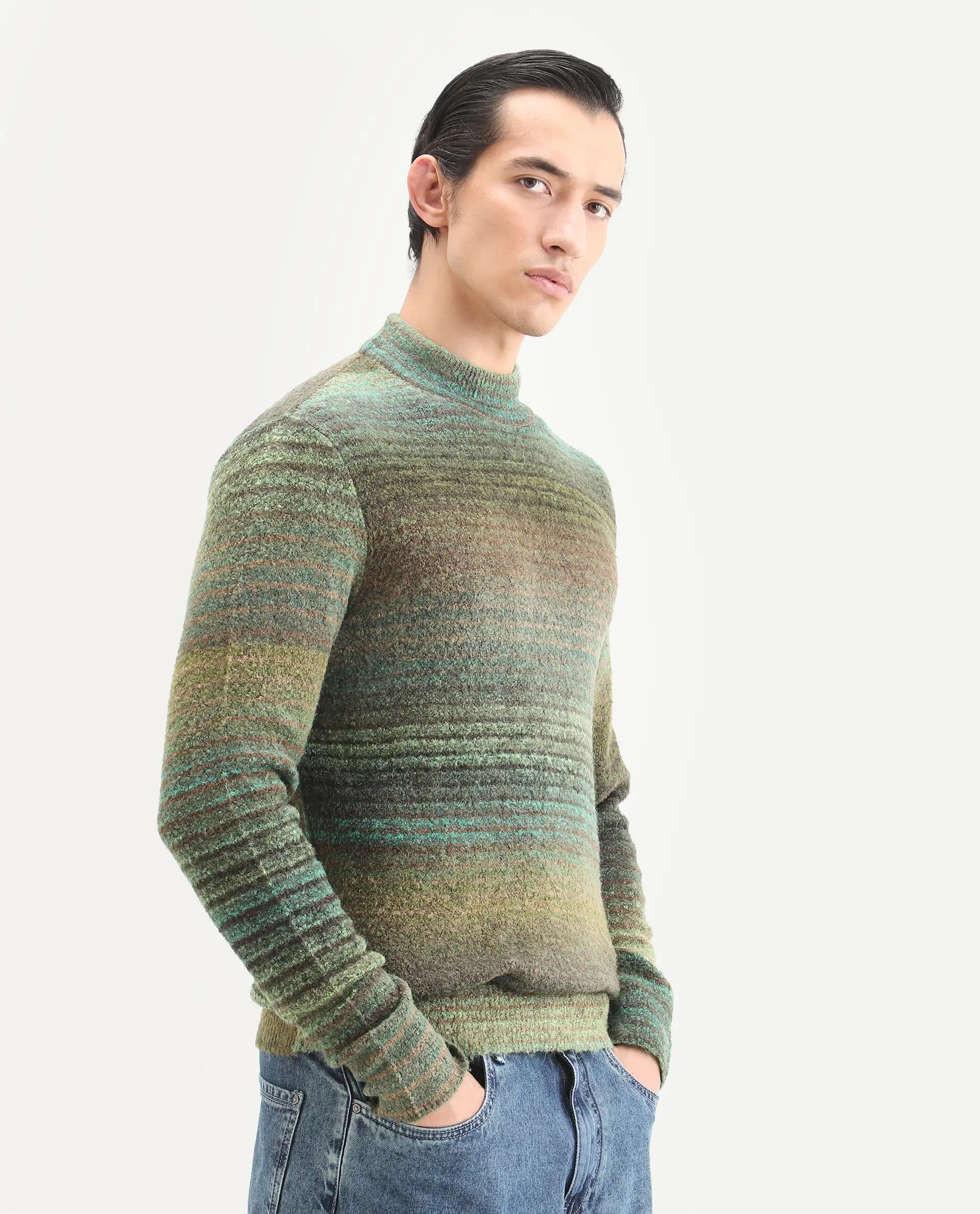 Rare Rabbit Men's Nemo Green Acrylic Color Block Regular Fit Full Sleeve Crew Neck Sweater - Image 6