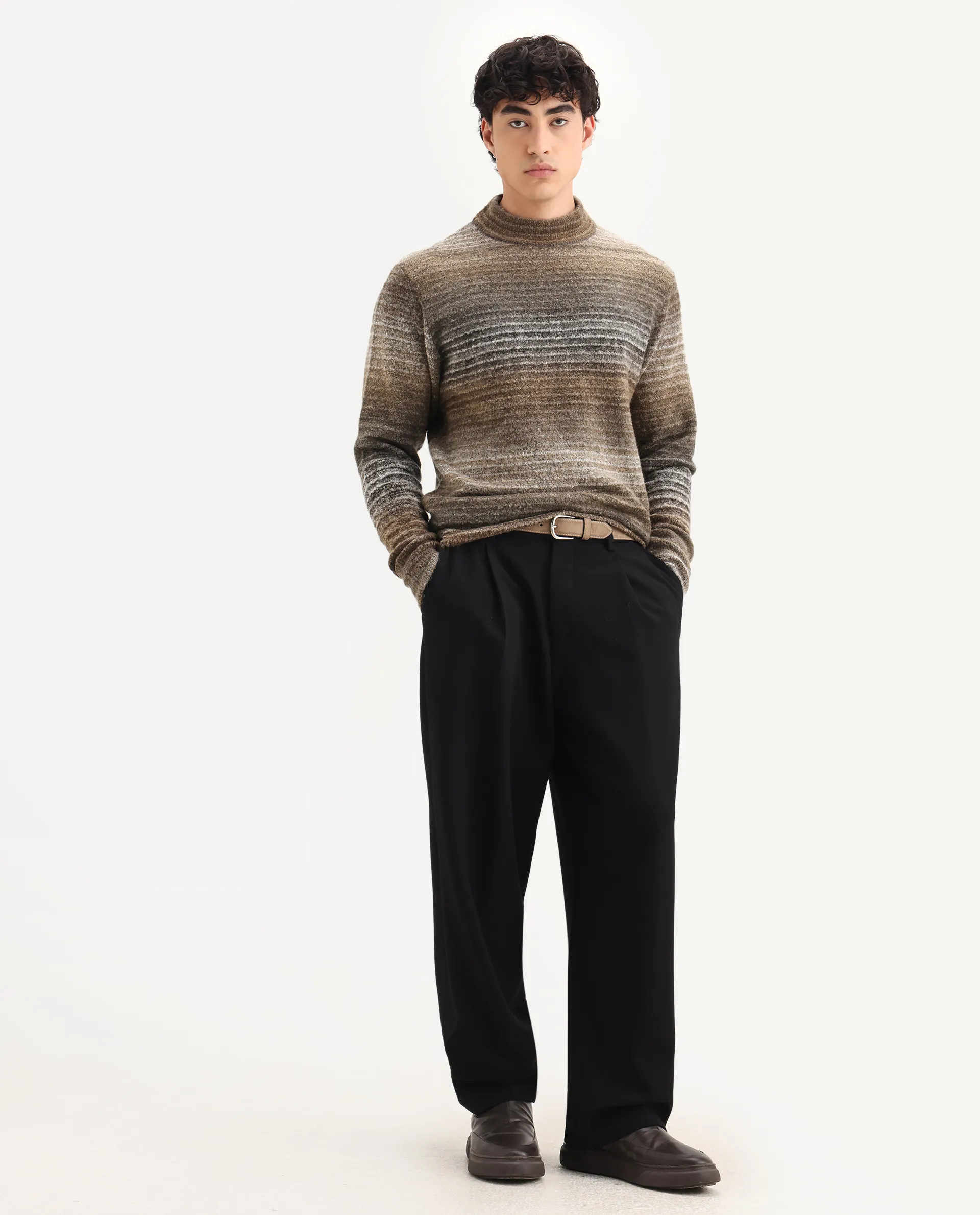 Rare Rabbit Men's Nemo Light Beige Acrylic Color Block Regular Fit Full Sleeve Crew Neck Sweater - Image 2