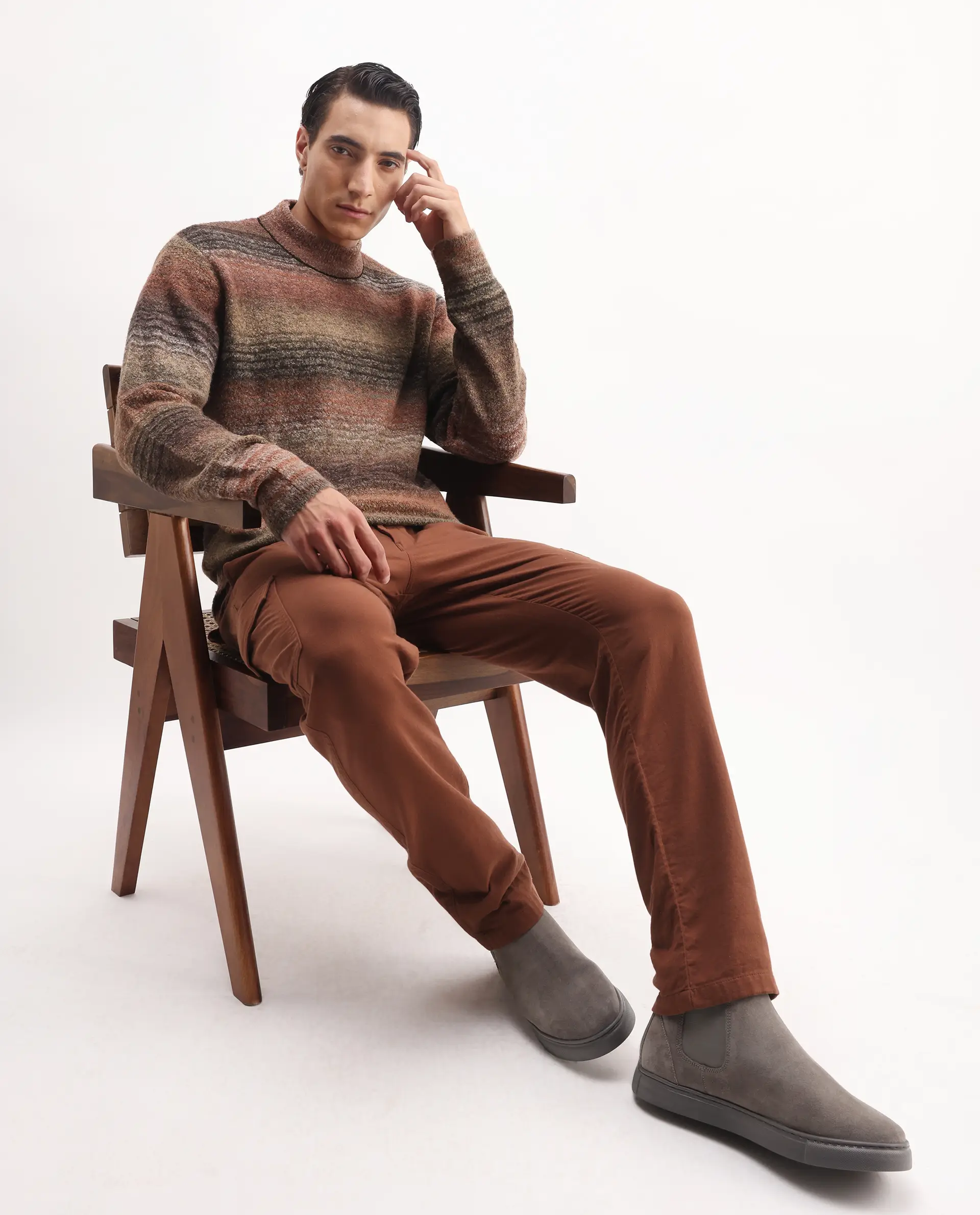 Rare Rabbit Men's Nemo Light Brown Acrylic Color Block Regular Fit Full Sleeve Crew Neck Sweater - Image 2