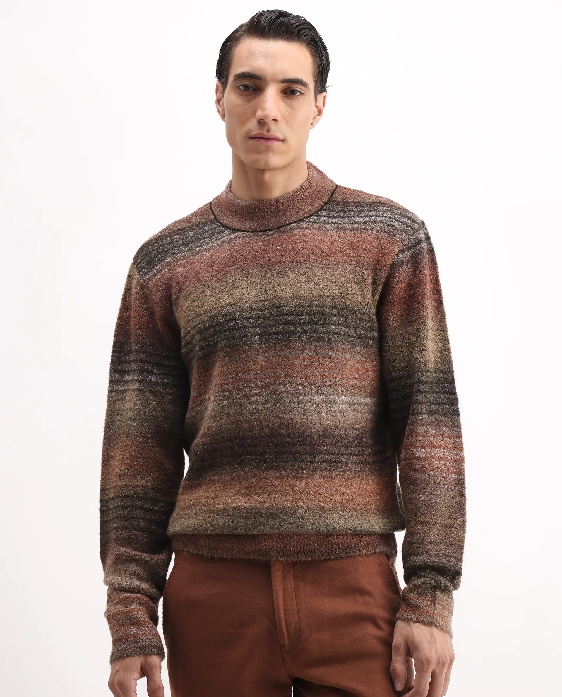 Rare Rabbit Men's Nemo Light Brown Acrylic Color Block Regular Fit Full Sleeve Crew Neck Sweater - Image 6