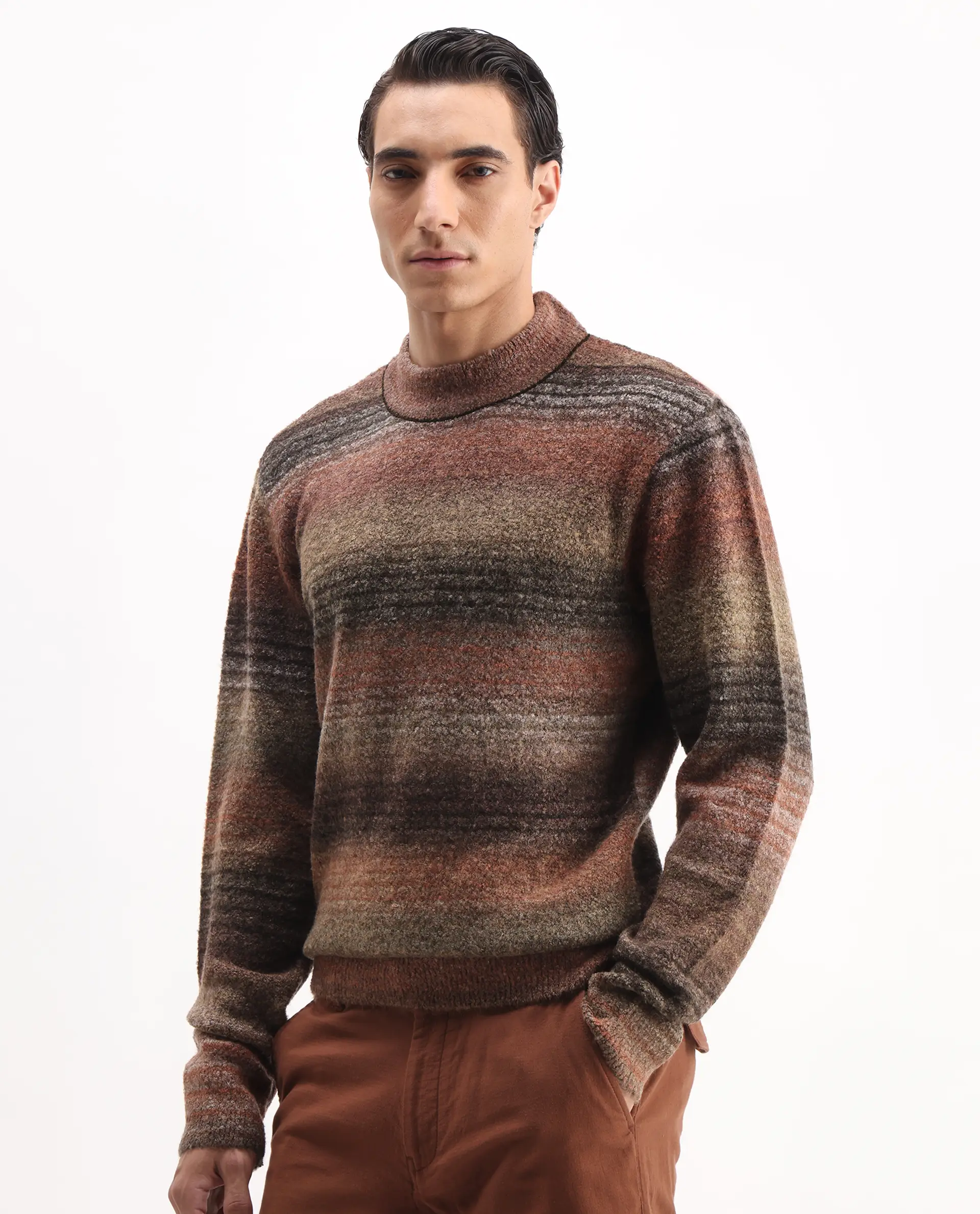 Rare Rabbit Men's Nemo Light Brown Acrylic Color Block Regular Fit Full Sleeve Crew Neck Sweater - Image 7