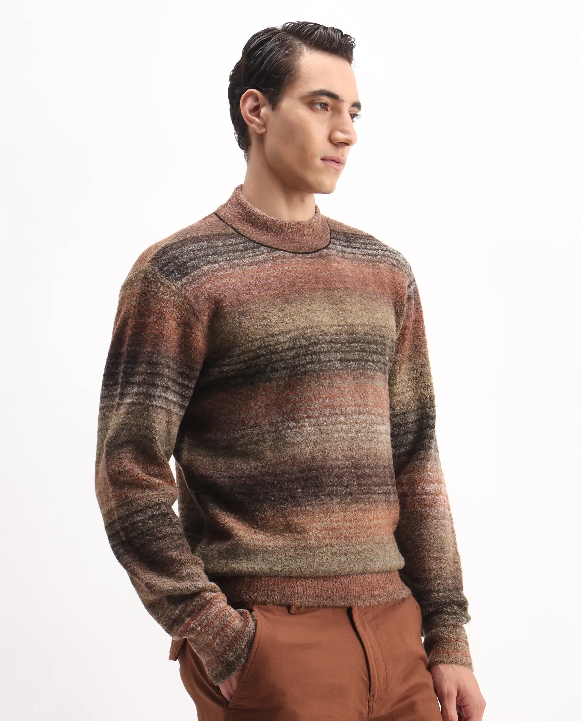 Rare Rabbit Men's Nemo Light Brown Acrylic Color Block Regular Fit Full Sleeve Crew Neck Sweater - Image 8