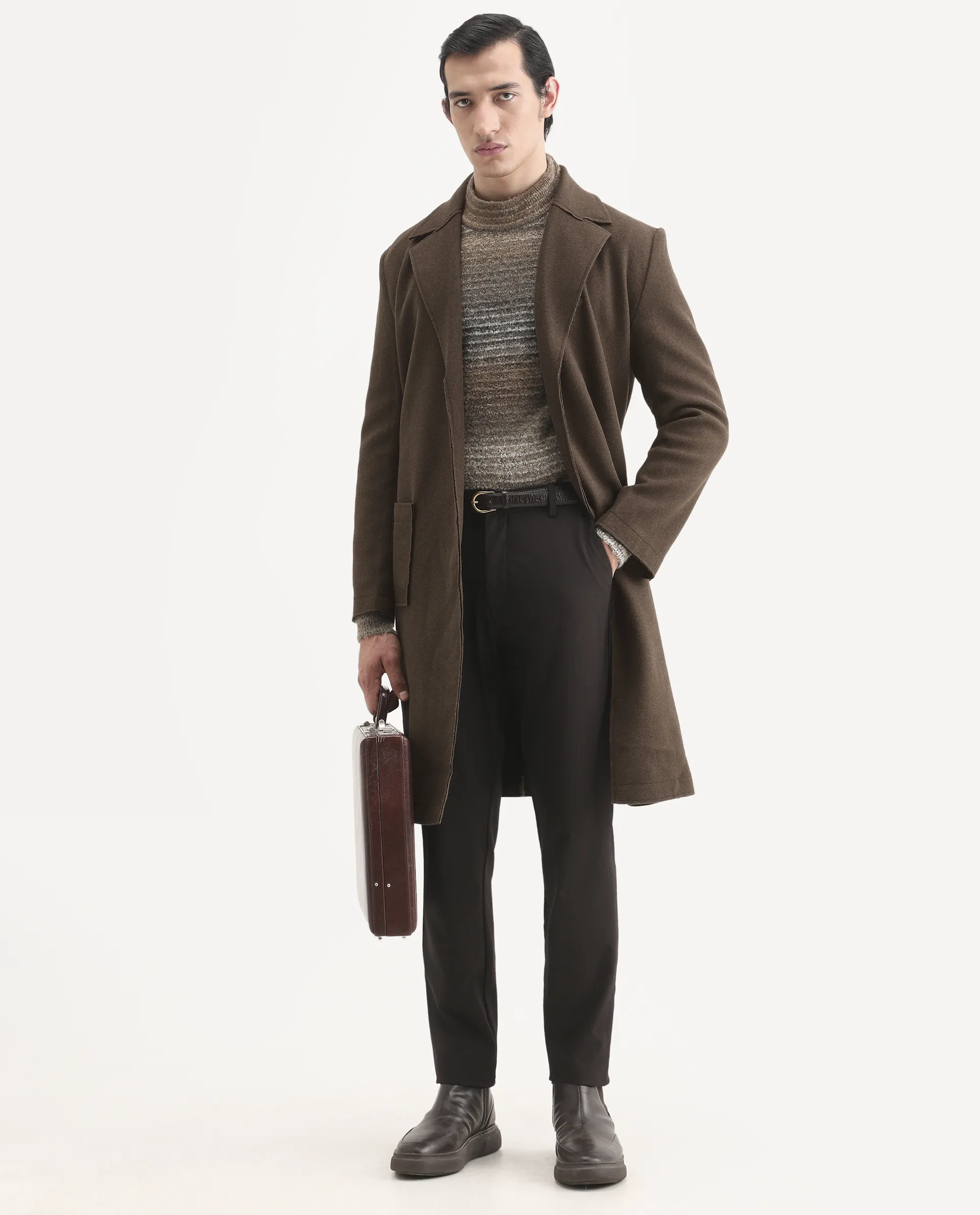 Rare Rabbit Men's Nemot Dark Brown Polyester Fabric Lapel Neck Regular Plain Coat
