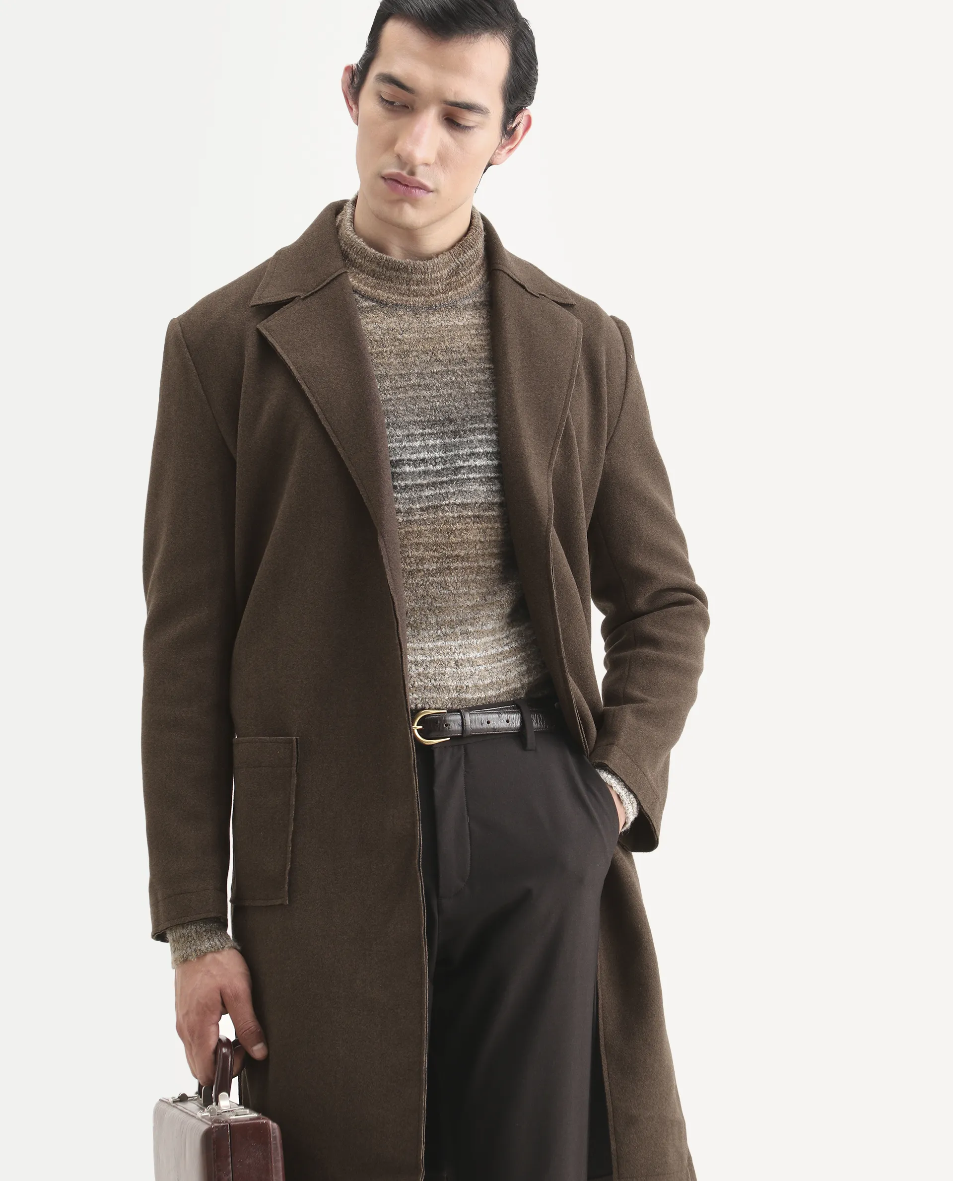 Rare Rabbit Men's Nemot Dark Brown Polyester Fabric Lapel Neck Regular Plain Coat - Image 2